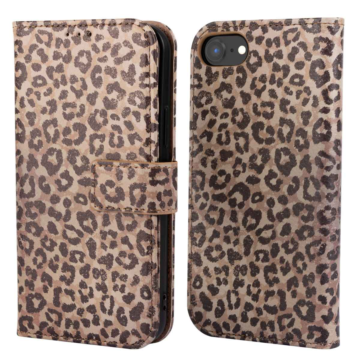 Telefoonhoesje met luipaardprint, open, met de telefoon en de binnenkant van de hoes. Beige achtergrond.