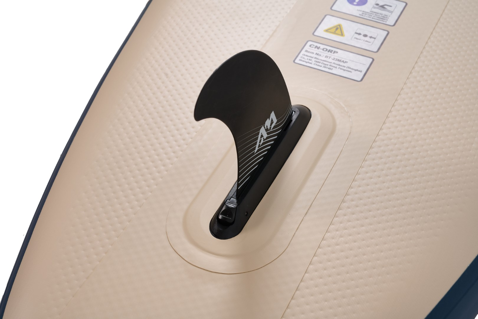 Deska do wiosłowania z płetwą, kolory beżowy i niebieski.