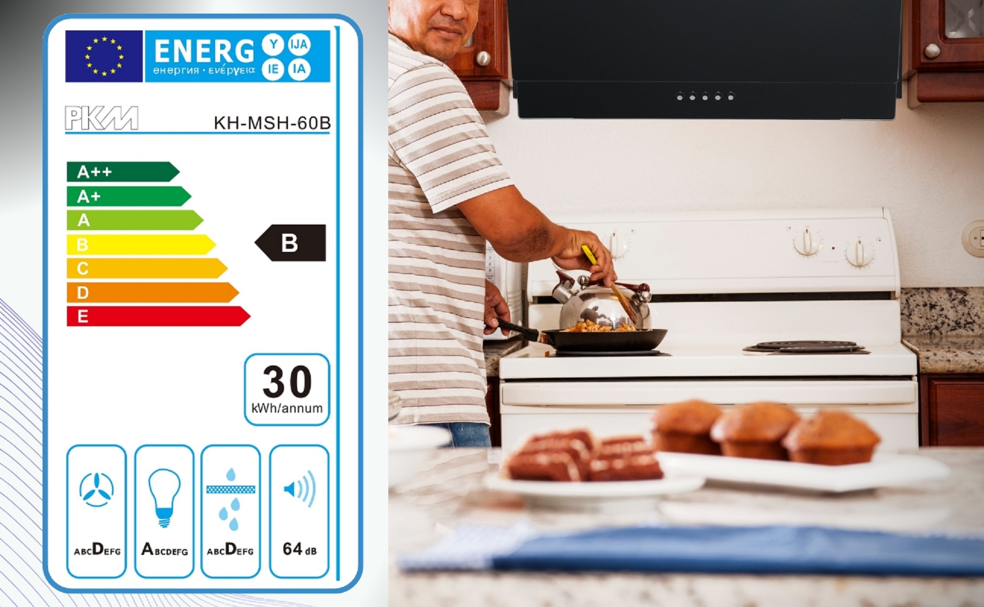 Mann kocht in der Küche, Energielabel links, Essen auf dem Tisch.