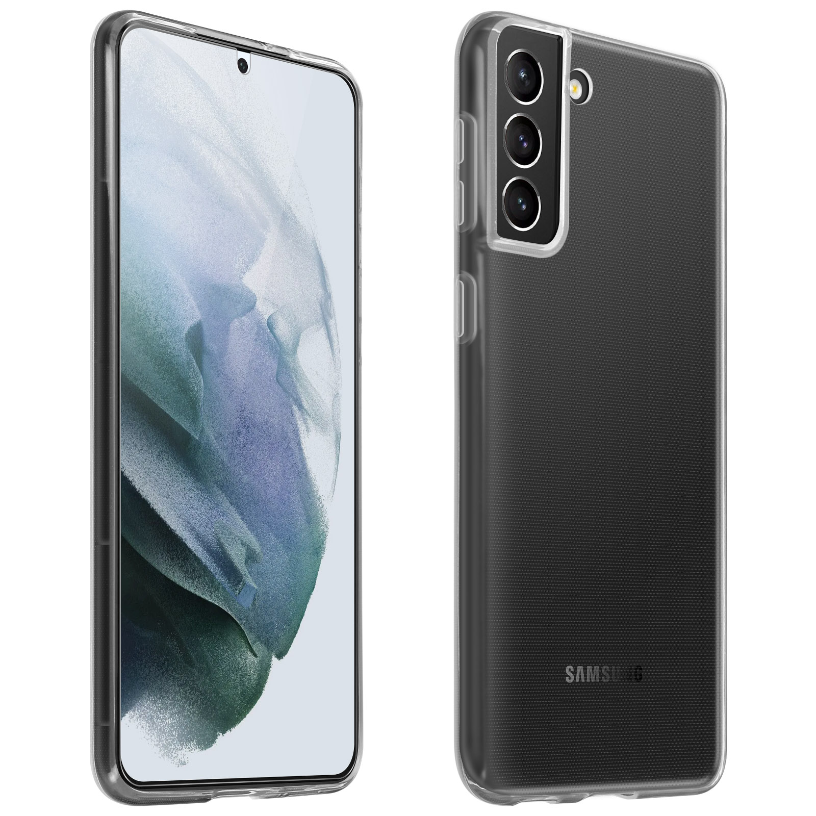 Schwarzes Telefon mit durchsichtiger Hülle. Telefon hat drei Kameralinsen. Weißer Hintergrund.