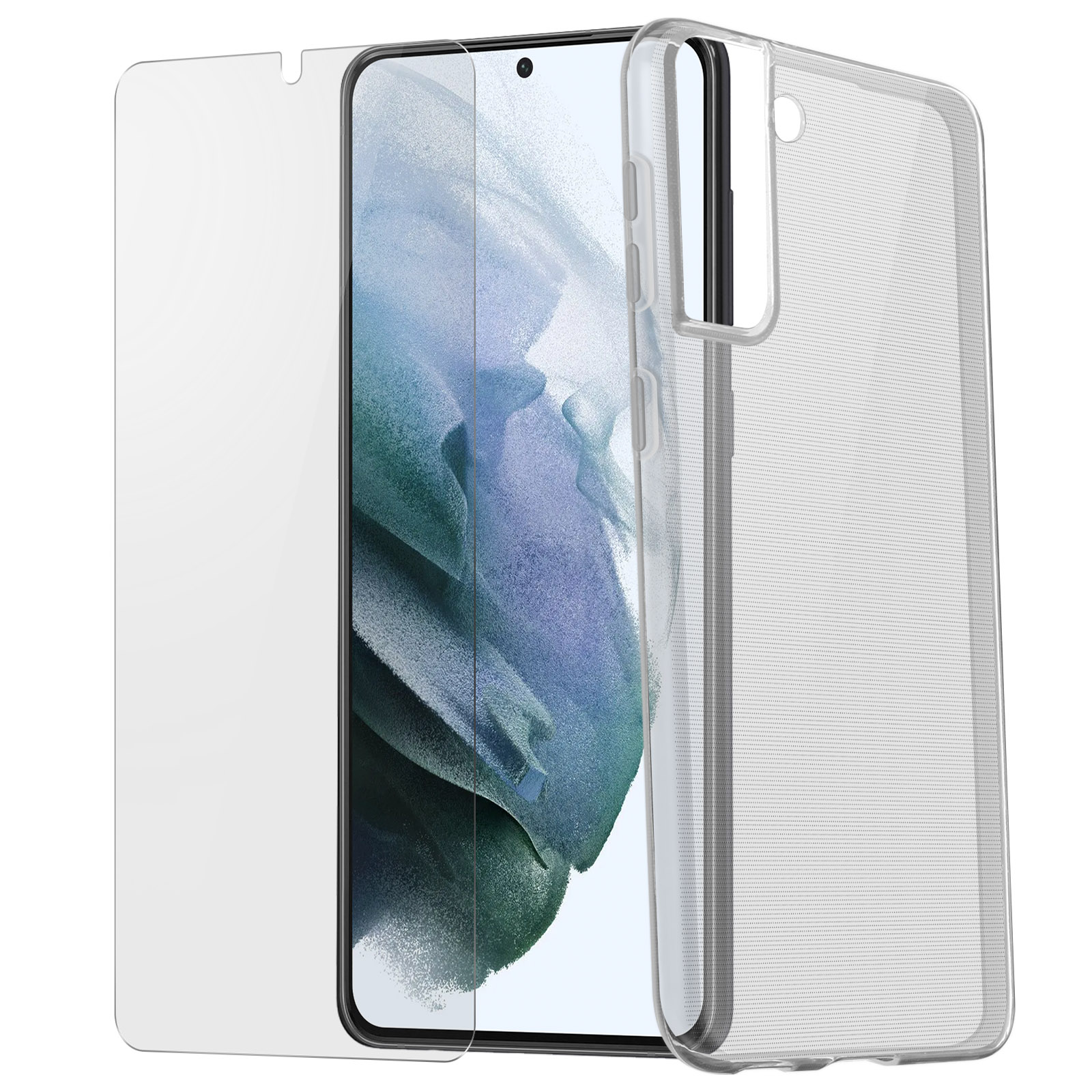 Eine transparente Handyhülle, Displayschutzfolie und Telefon, alles auf weißem Grund.