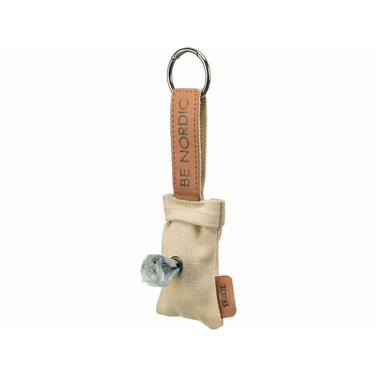 Dispensador de bolsas para excrementos de perro. Bolsa de tela beige con correa marrón y anillo plateado.