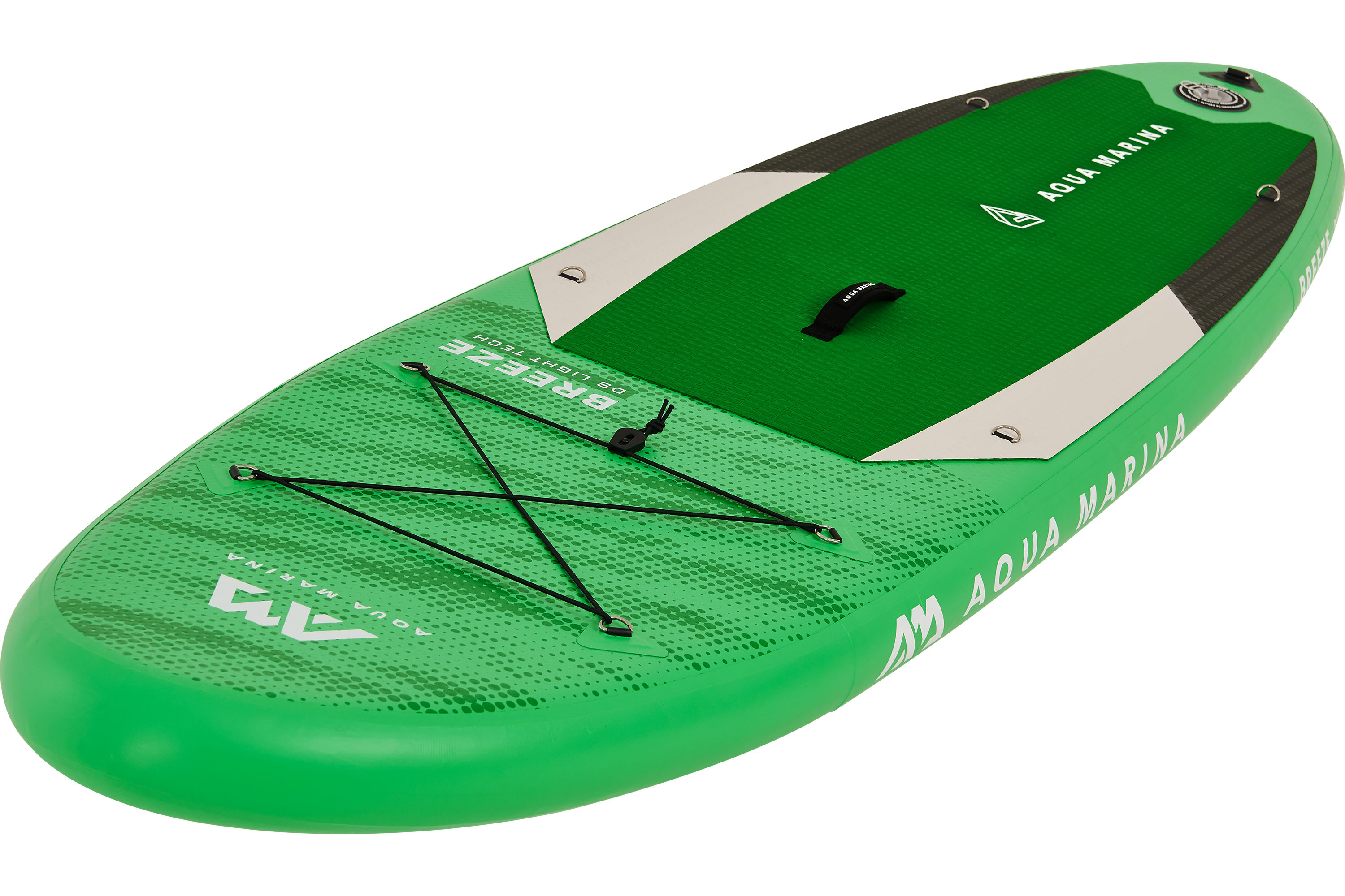 Ein grünes und weißes Stand-Up Paddleboard (SUP) auf weißem Hintergrund.