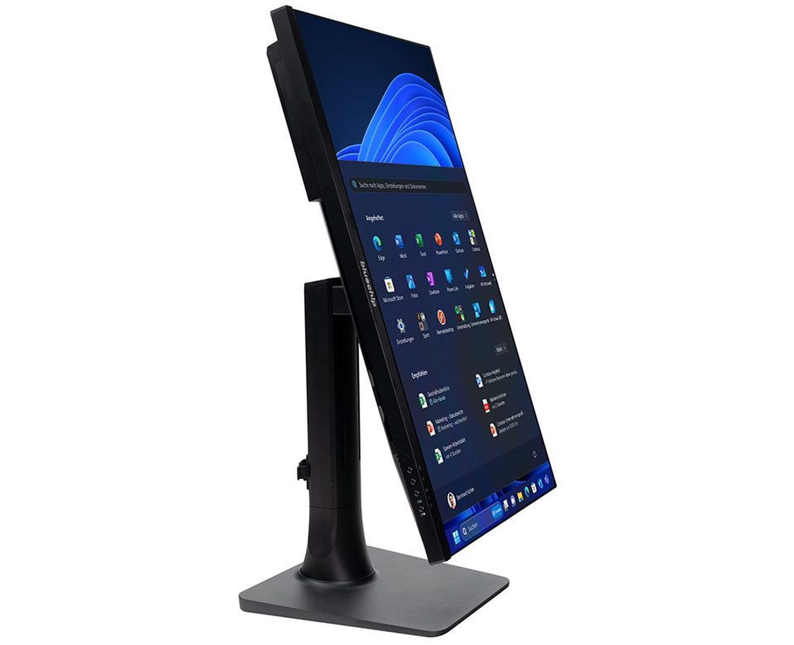 Czarny monitor, pochylony w prawo. Wyświetla interfejs Windows 11 na czarnym stojaku.