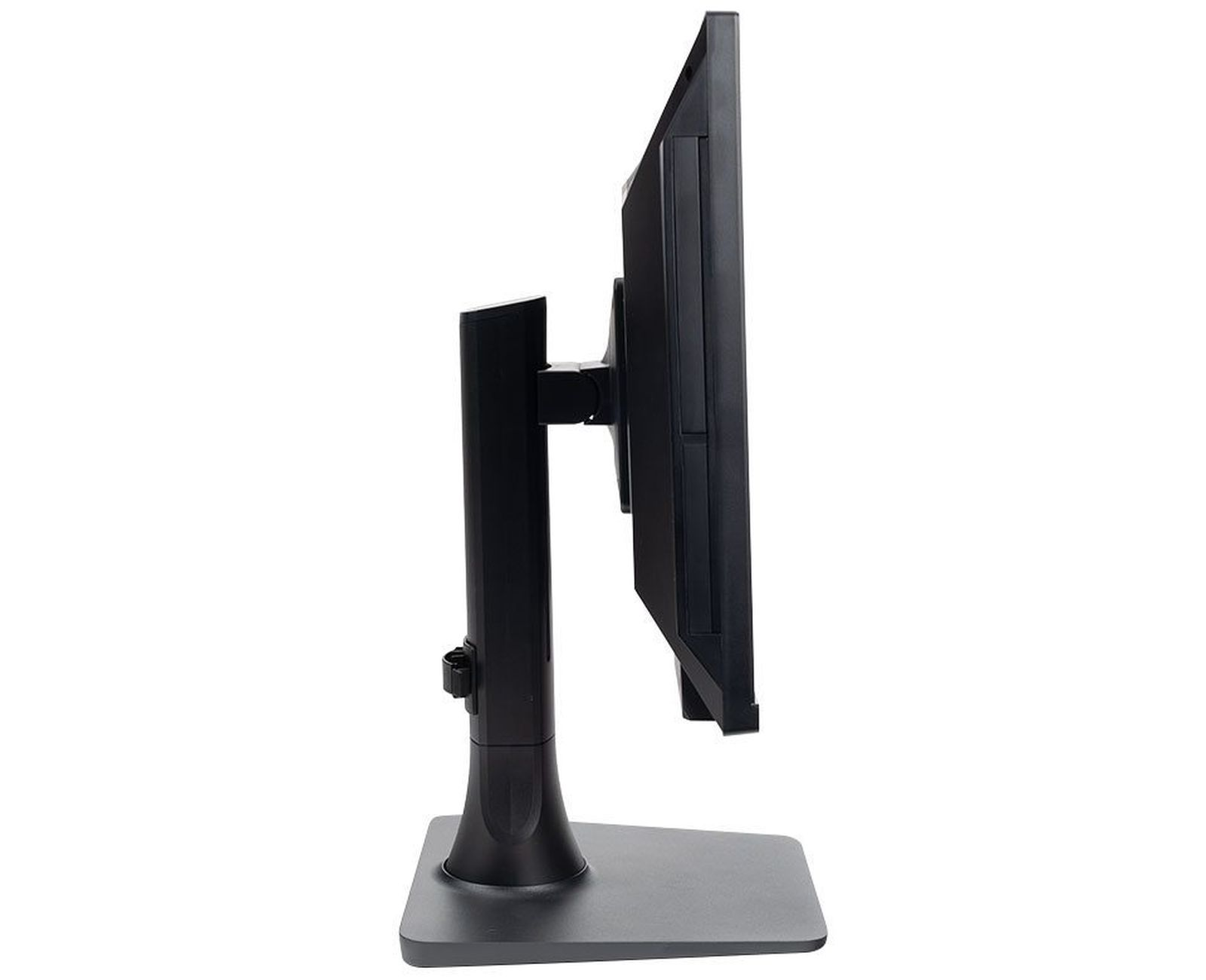 Widok z boku czarnego monitora z podstawką.