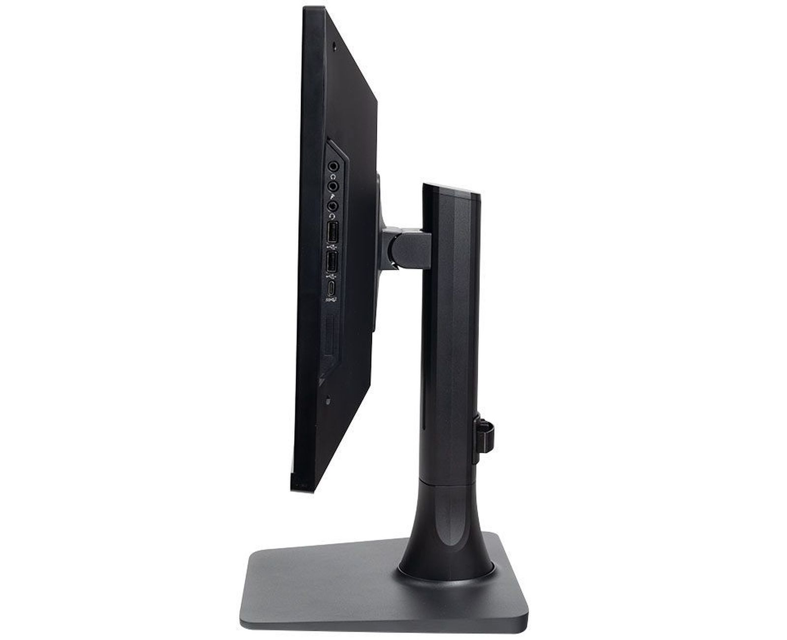 Widok z boku czarnego monitora komputera z czarną podstawą.