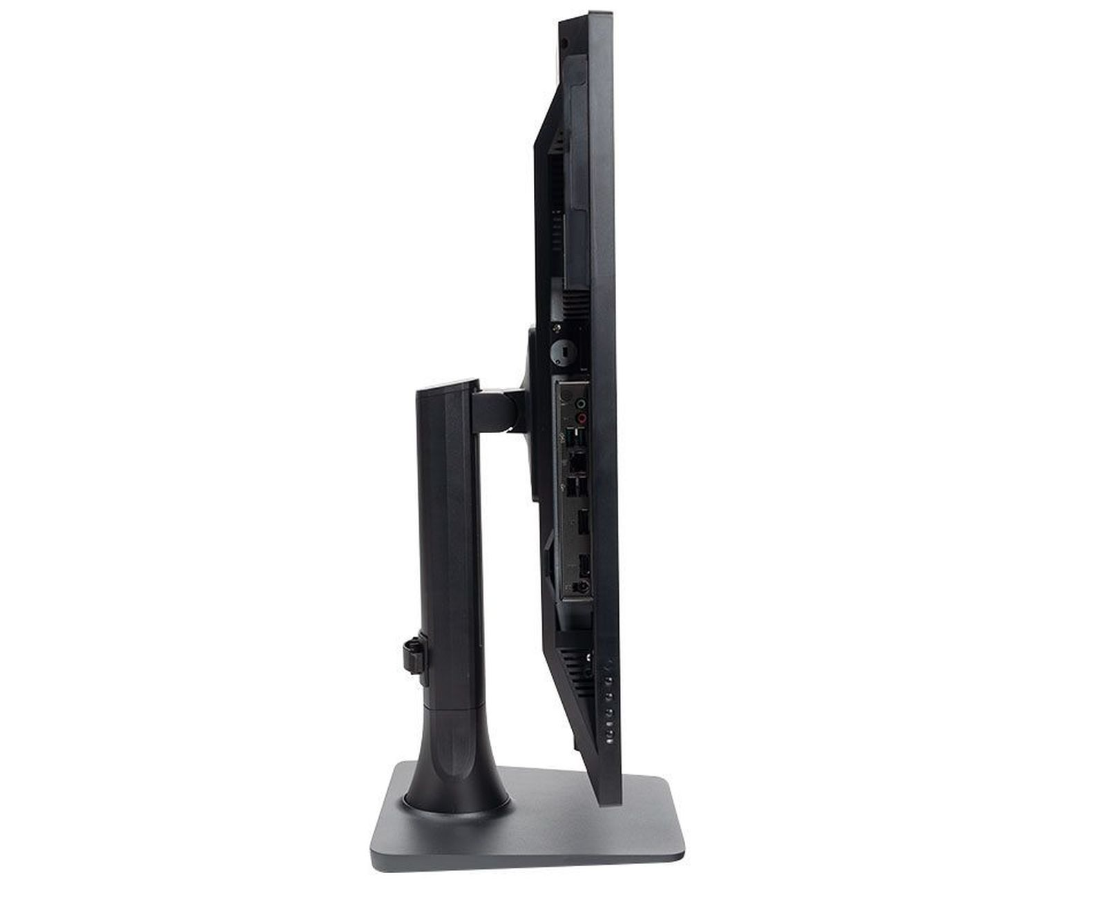 Widok z boku czarnego monitora z grubą ramką. Porty są widoczne z tyłu. Czarny stojak.
