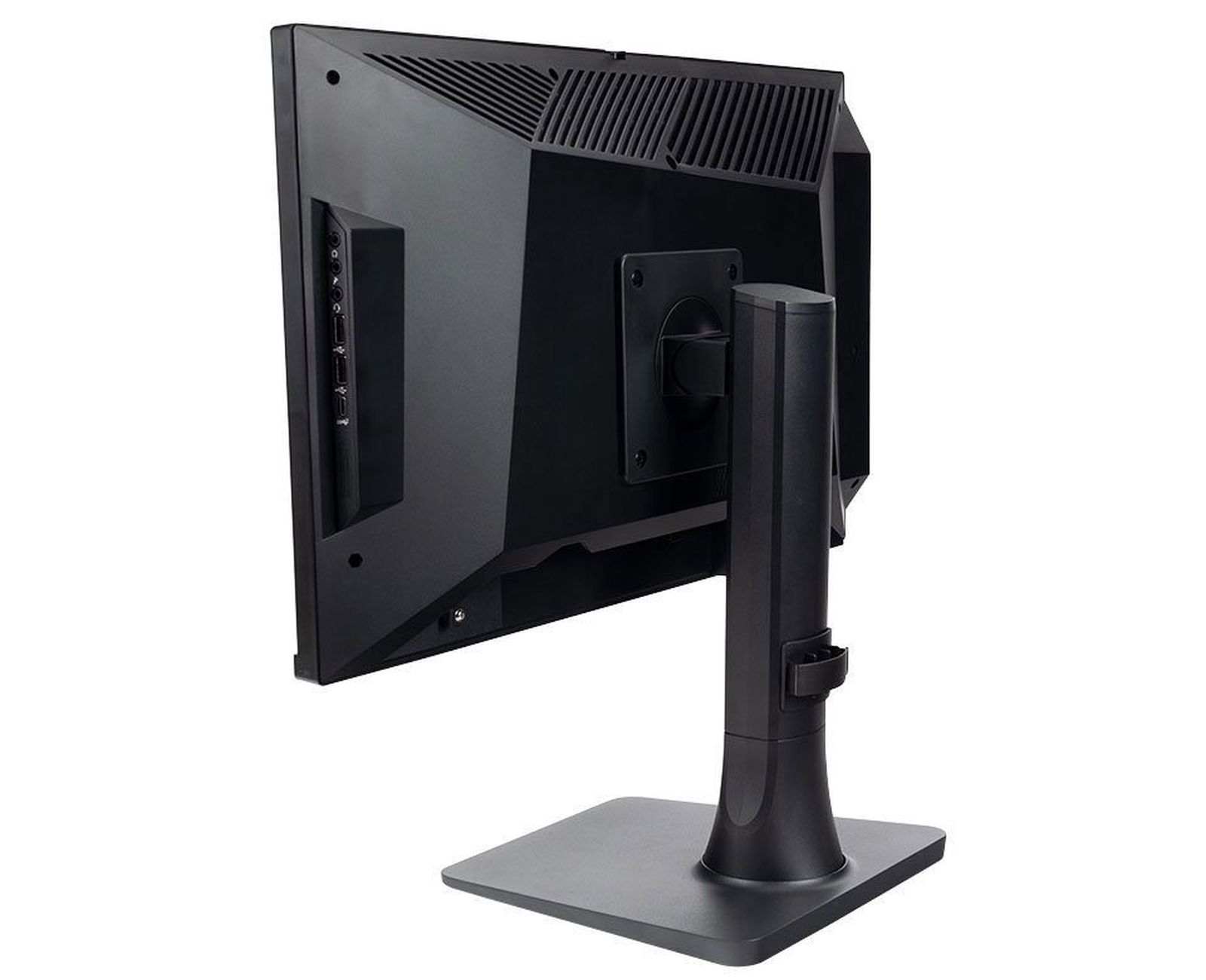 Tył czarnego monitora komputerowego ze stojakiem. Białe tło.