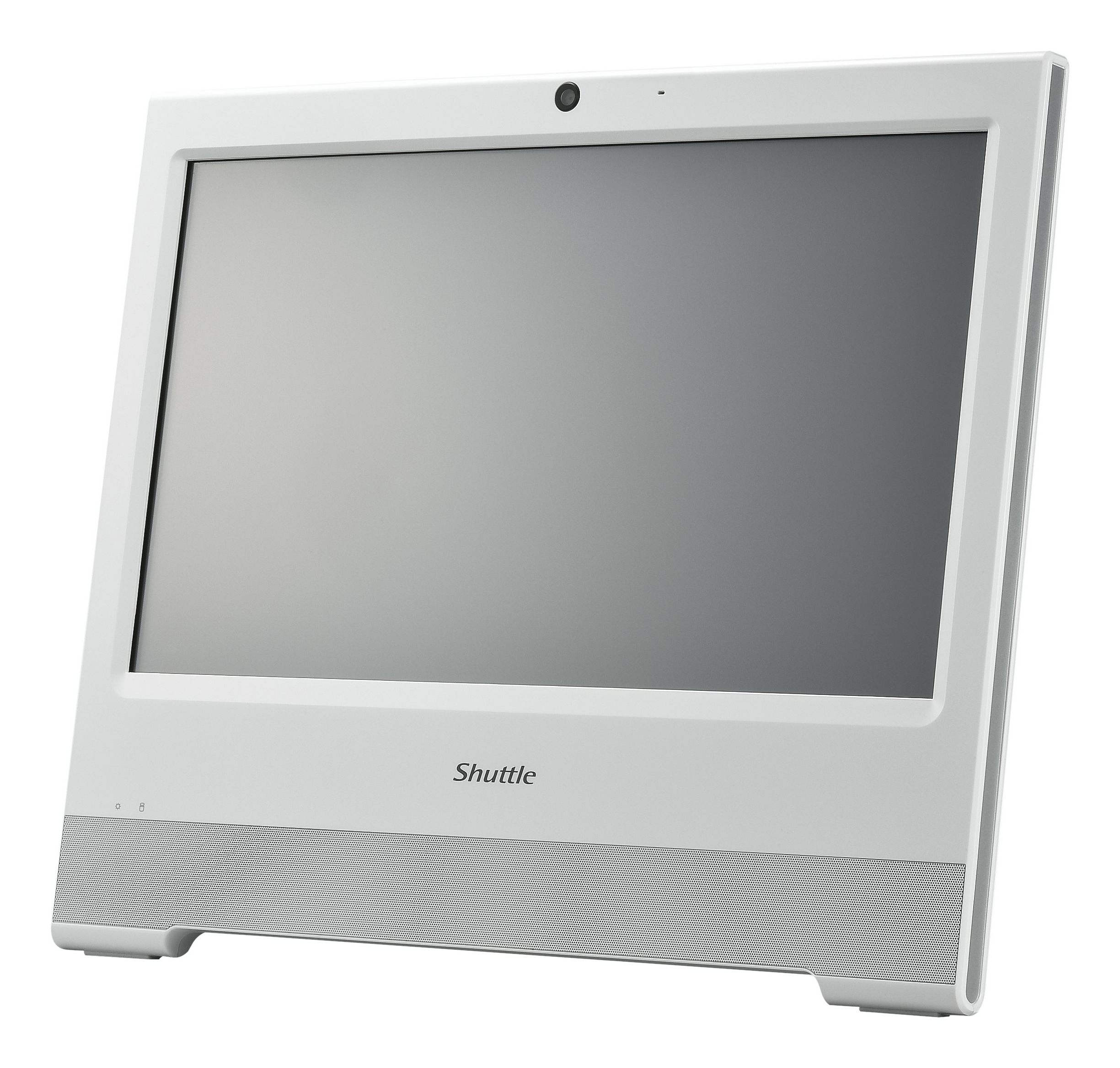 Computer all-in-one Shuttle bianco con un design semplice, con schermo semplice e altoparlanti.