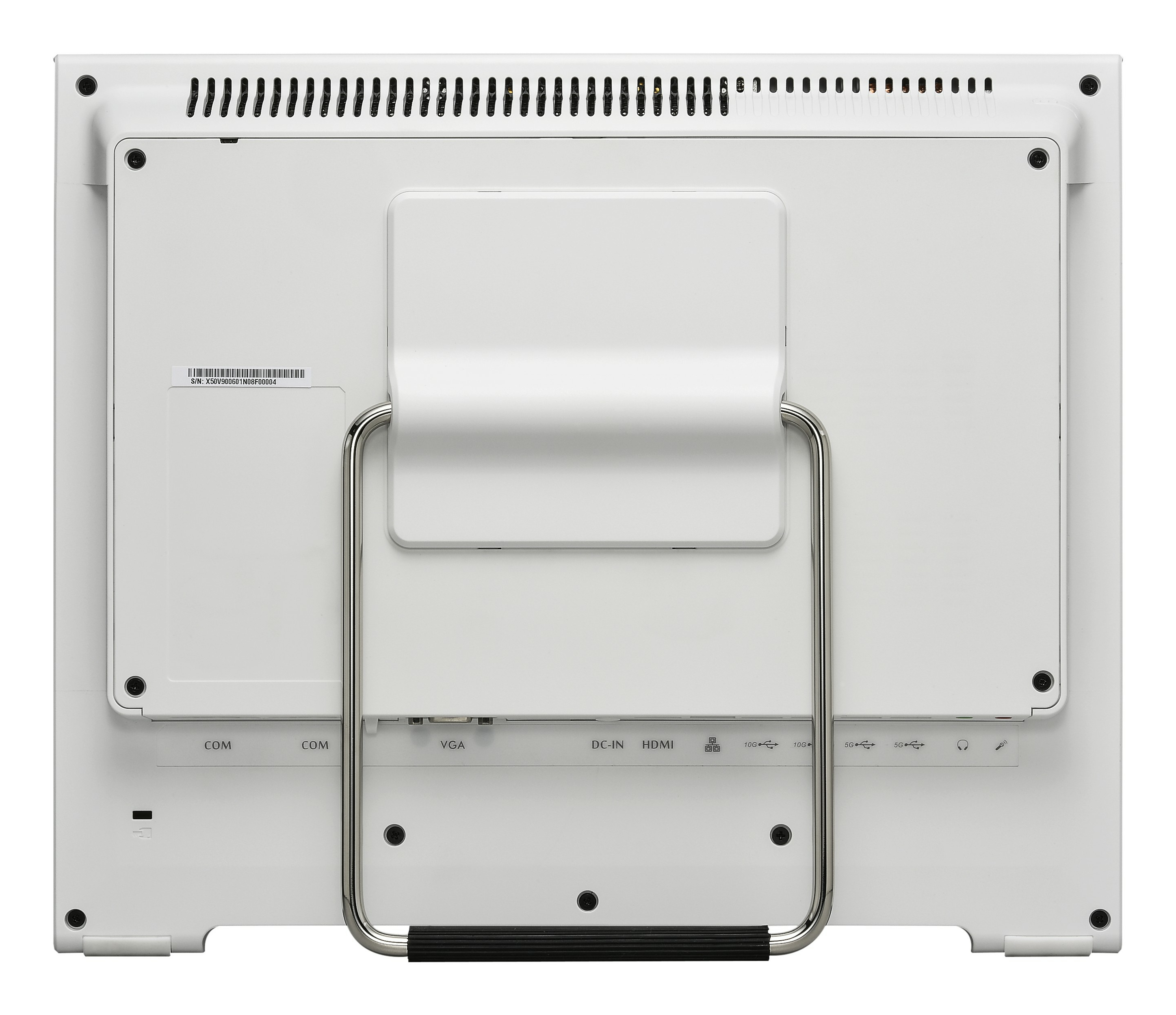Pannello posteriore bianco di un monitor con prese d'aria e porte. Maniglia per un facile trasporto.