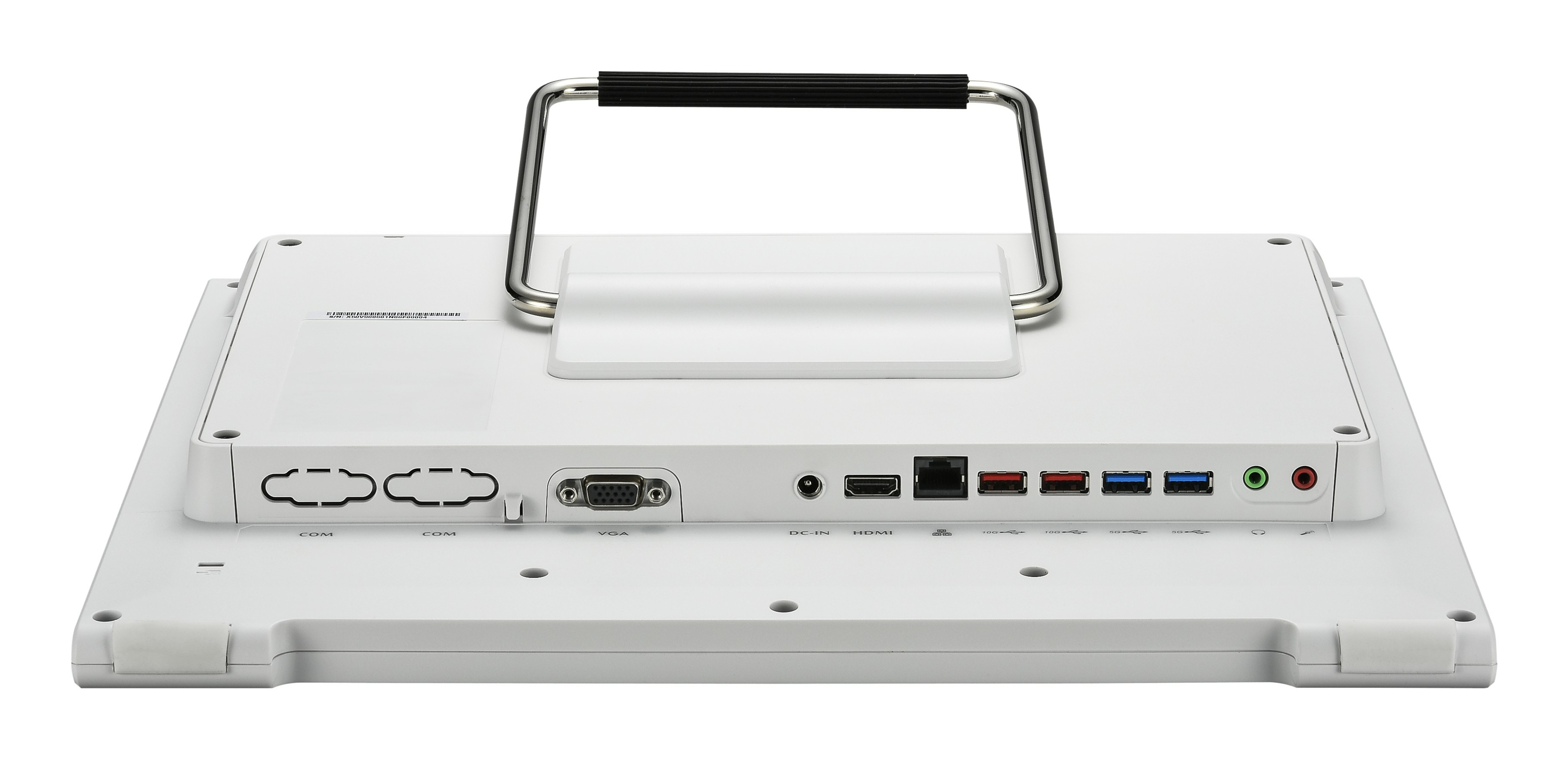Vista posteriore di un monitor bianco con porte e maniglia. Posizionato su sfondo bianco.