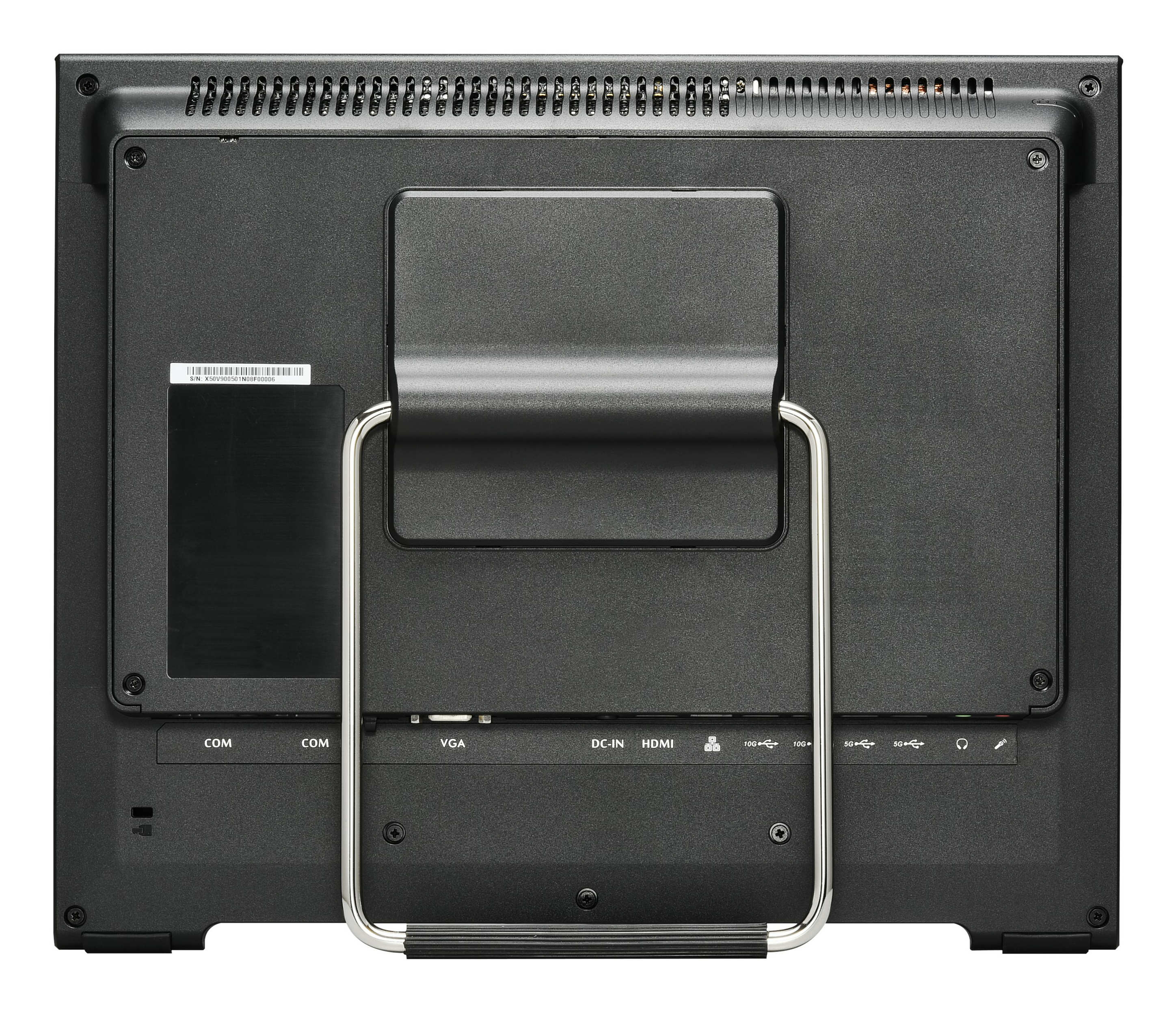 Retro di un monitor nero con maniglia e varie porte su sfondo bianco.