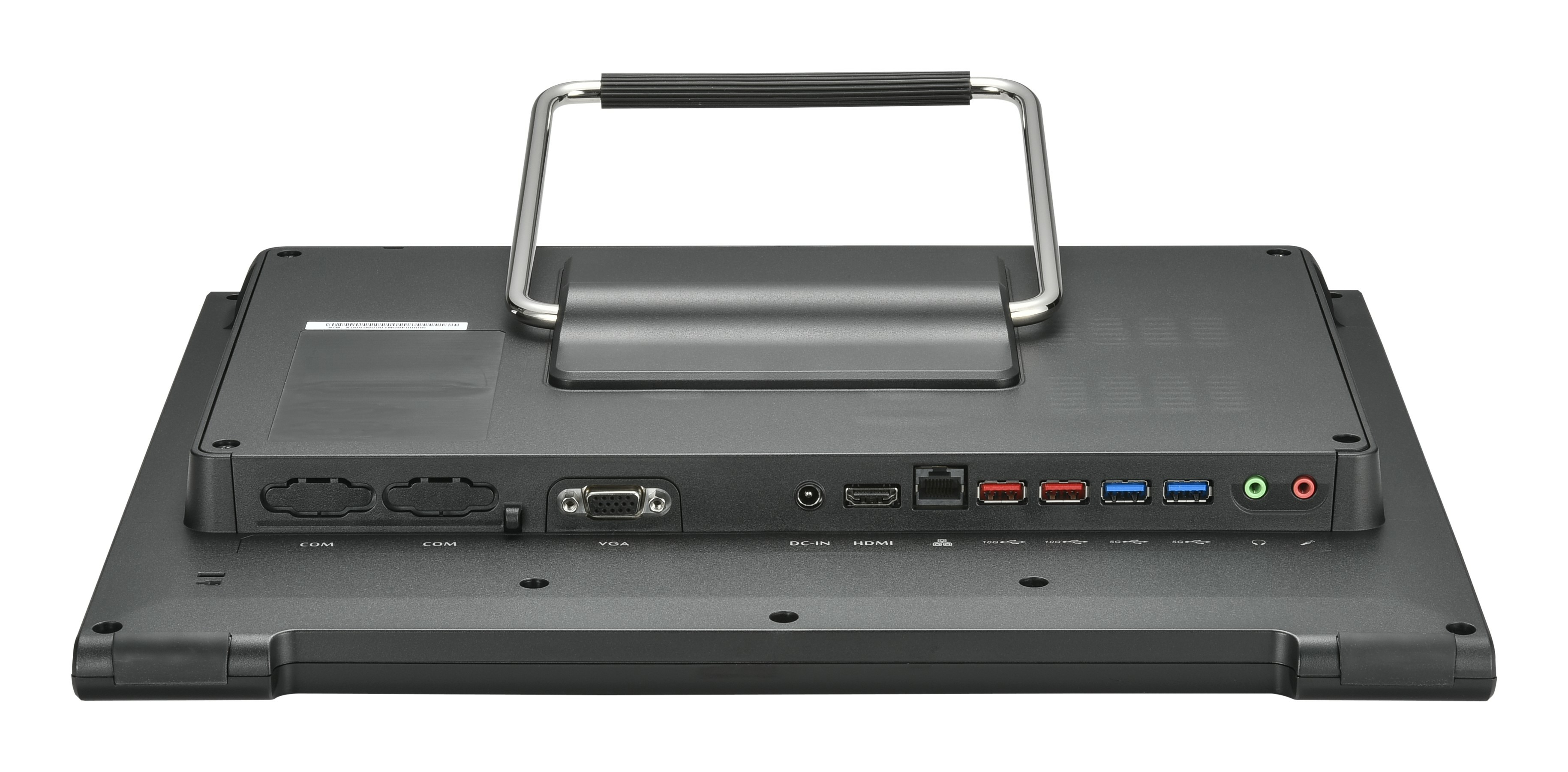 Vista posteriore di un monitor per computer nero con porte e una maniglia.