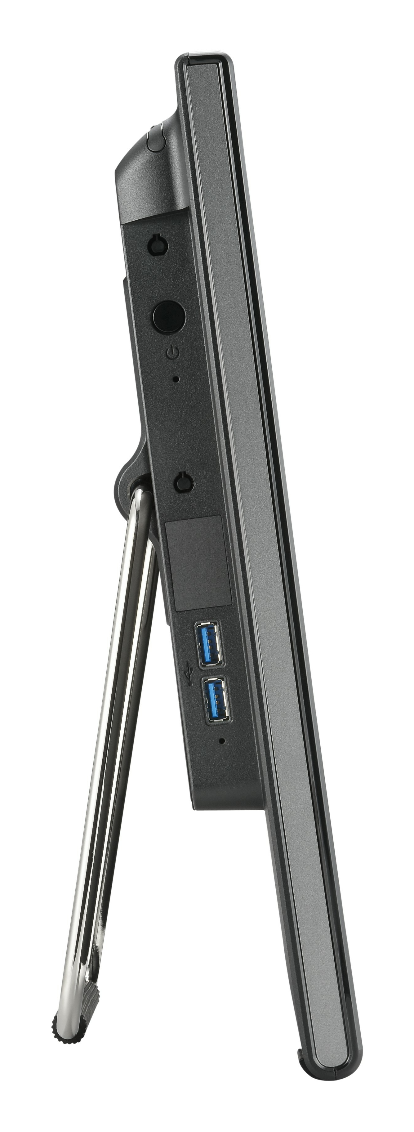 Widok z boku komputera z portami z boku. Ma metalowy stojak.