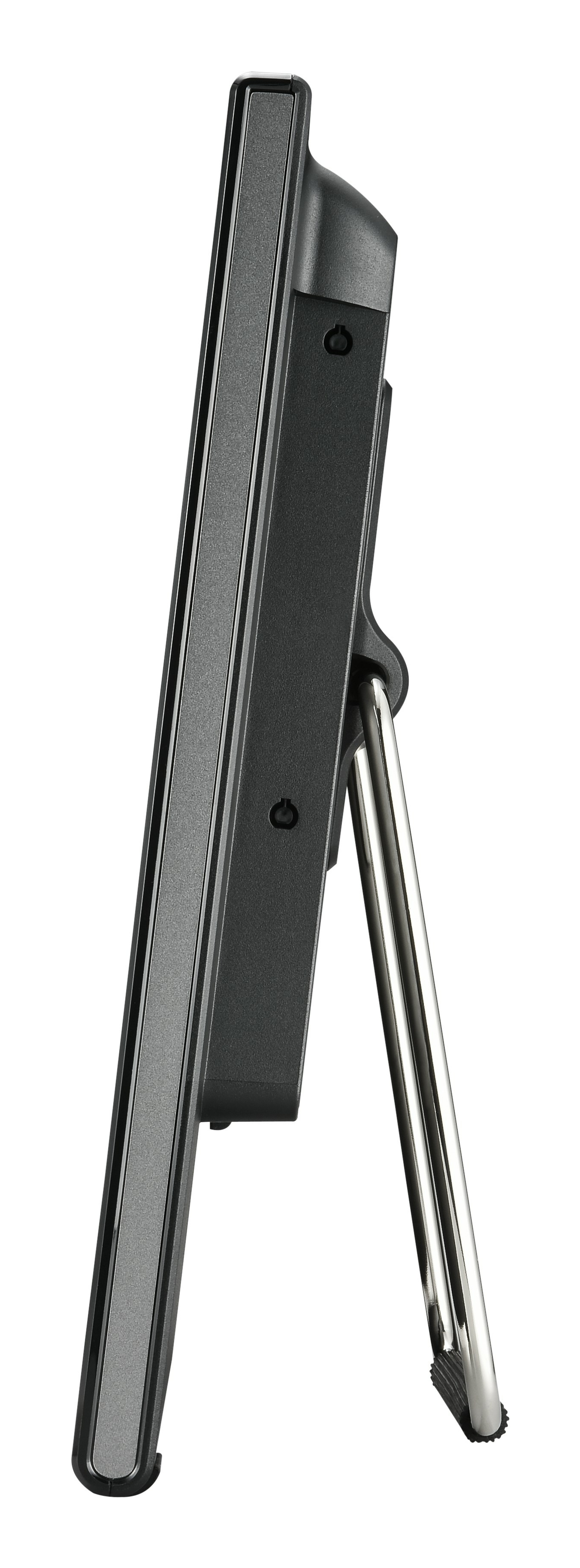 Widok z boku czarno-szarego monitora. Stojak jest srebrny.