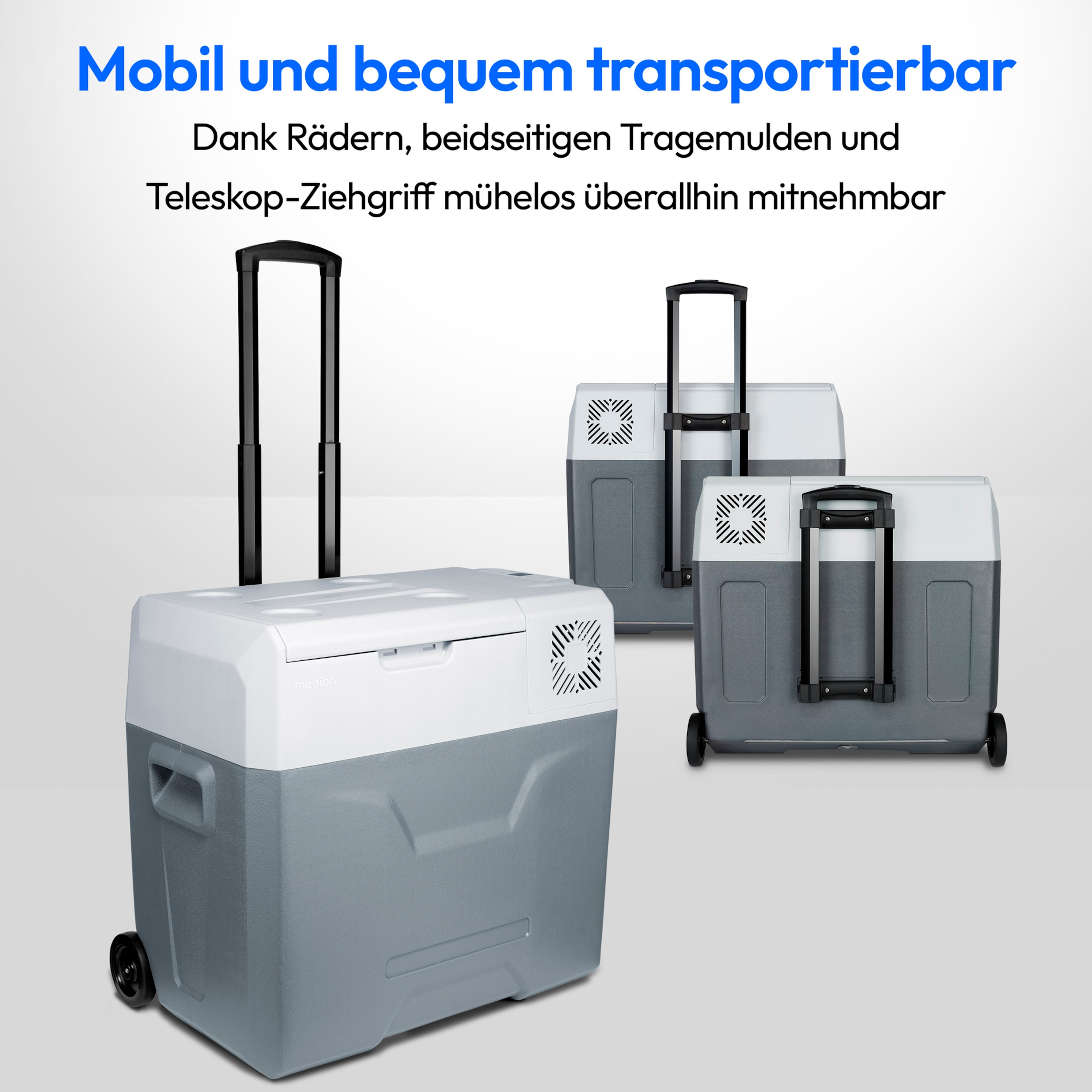 Drei grau-weiße Kühlboxen mit Griffen und Rädern. Sie sind transportabel und bequem.