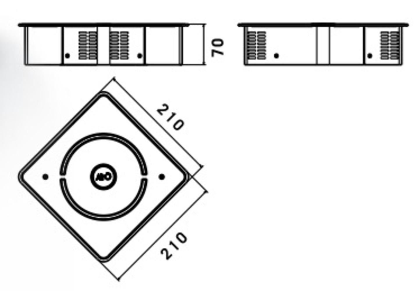 Disegno tecnico di un oggetto quadrato con dimensioni in mm.