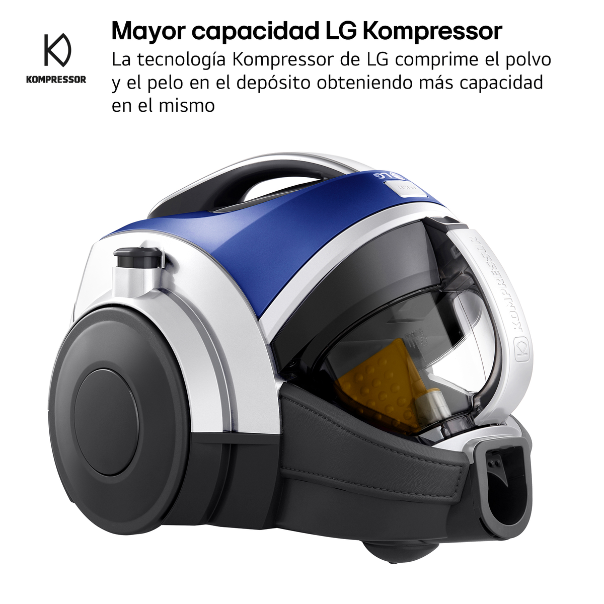 Aspiradora con diseño azul y blanco. Texto en español. Incluye el logo Kompressor.
