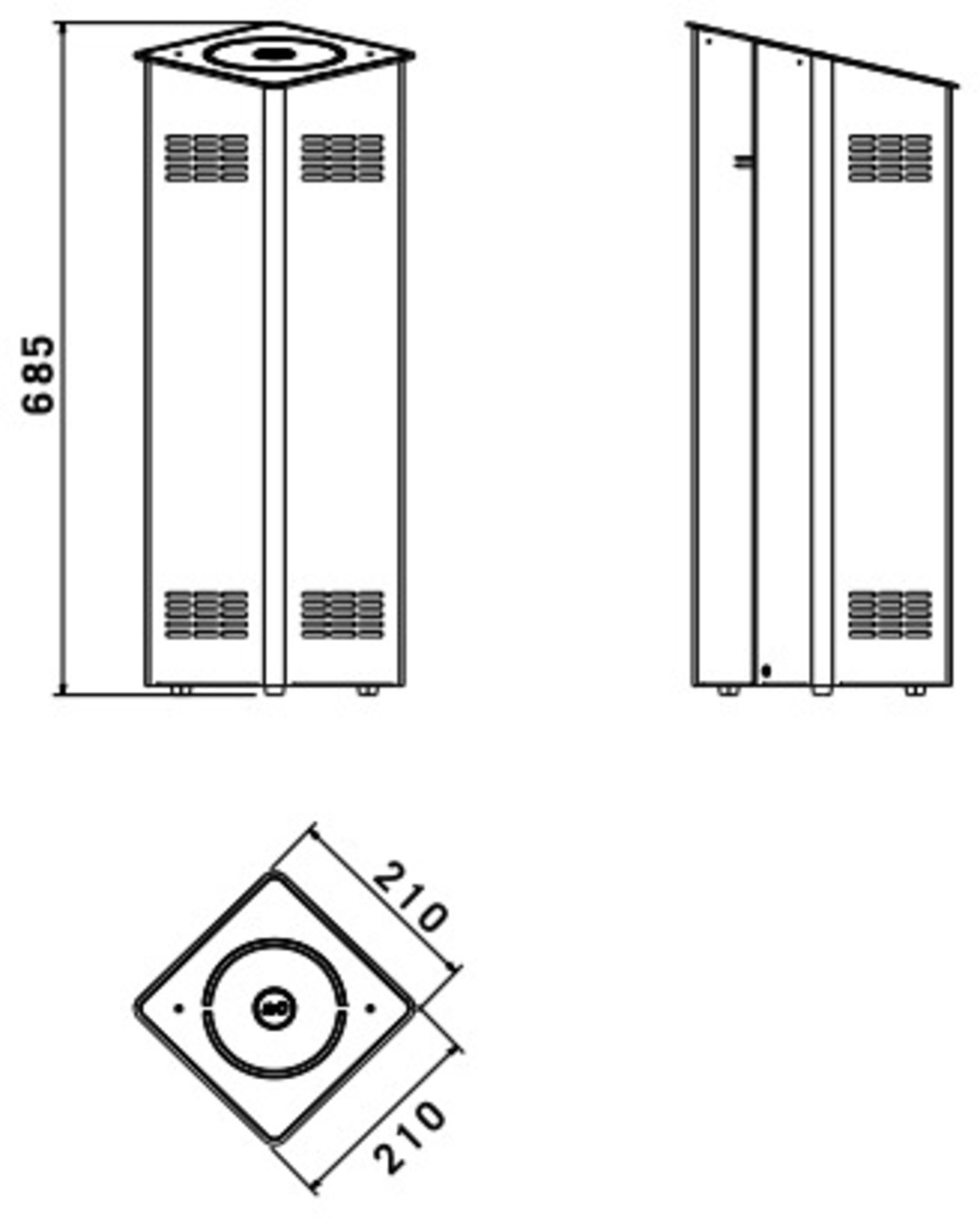Disegno tecnico: tre viste di un'unità esterna argentata alta e rettangolare con dimensioni.