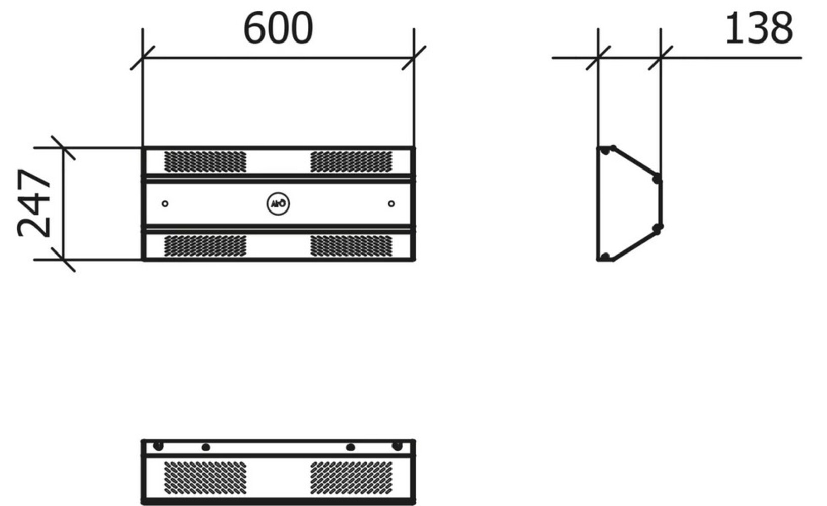 Disegno tecnico di un dispositivo a parete con dimensioni.