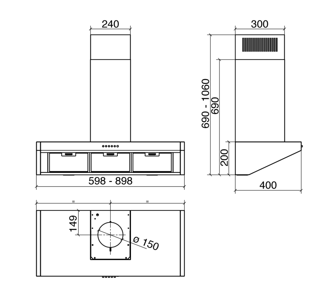 Disegno tecnico di una cappa da cucina con dimensioni e viste da diverse angolazioni.