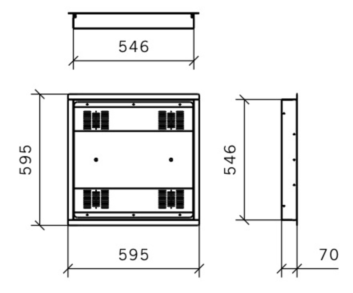 Disegno tecnico di una cappa da cucina, con dimensioni in mm. Sfondo bianco.