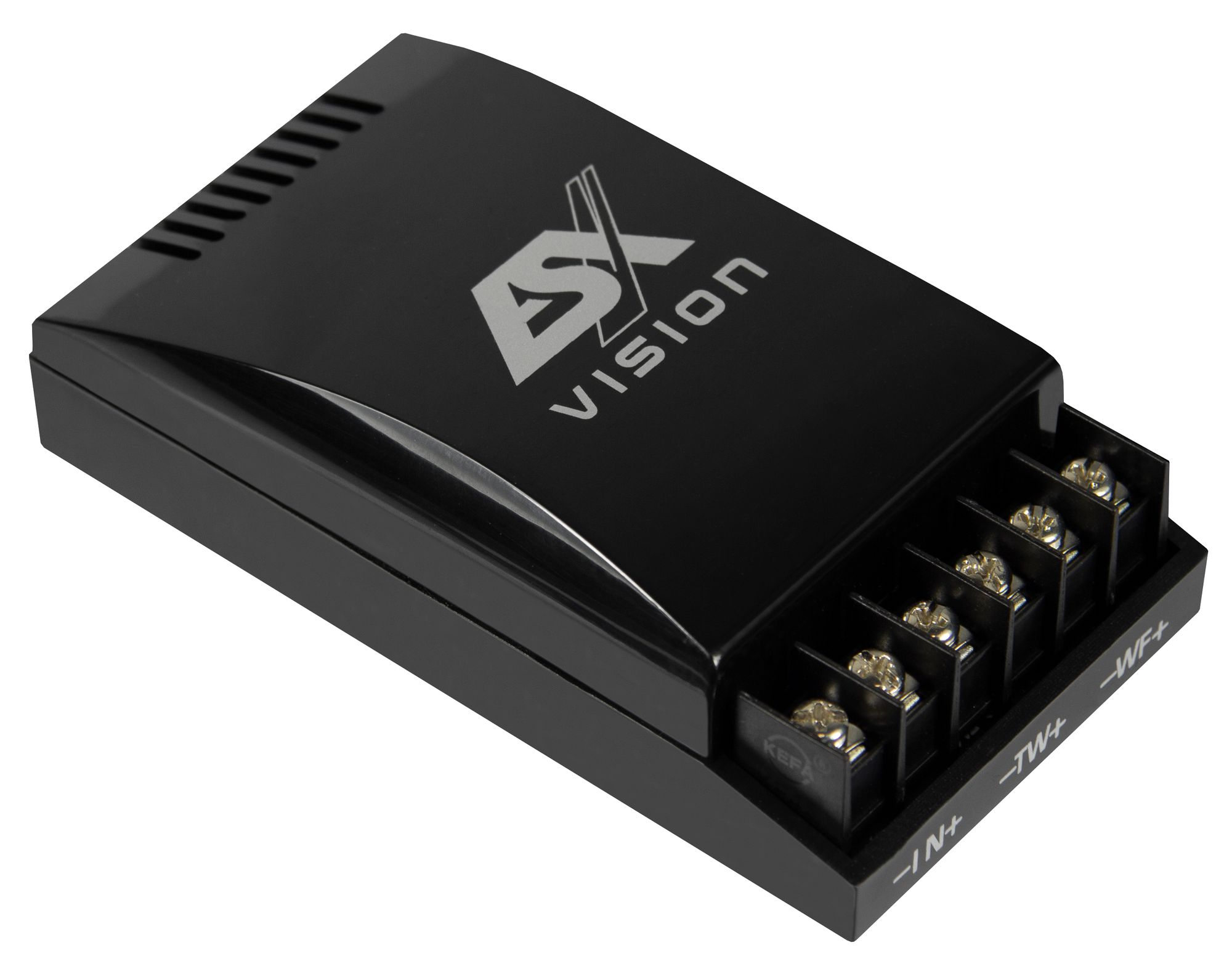Schwarze ESX Vision Auto-Audiokomponente mit Anschlüssen. Die Oberseite hat Lüftungsschlitze, das Logo ist sichtbar.