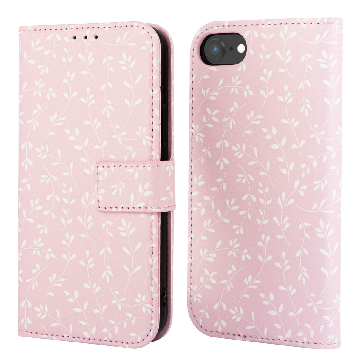 Roze telefoonhoesje met patroon open. De binnenkant en de achterkant van de telefoon zijn zichtbaar.