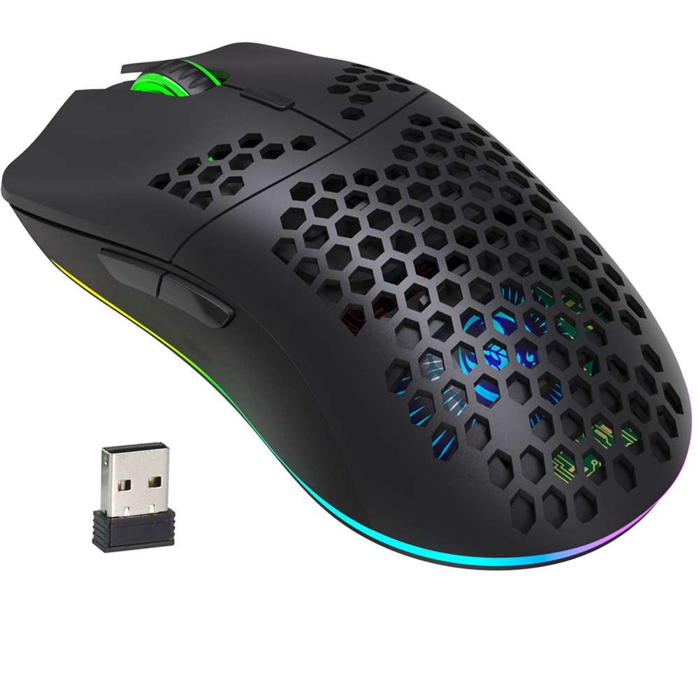 Schwarze kabellose Gaming-Maus mit Wabenmuster und USB-Empfänger.
