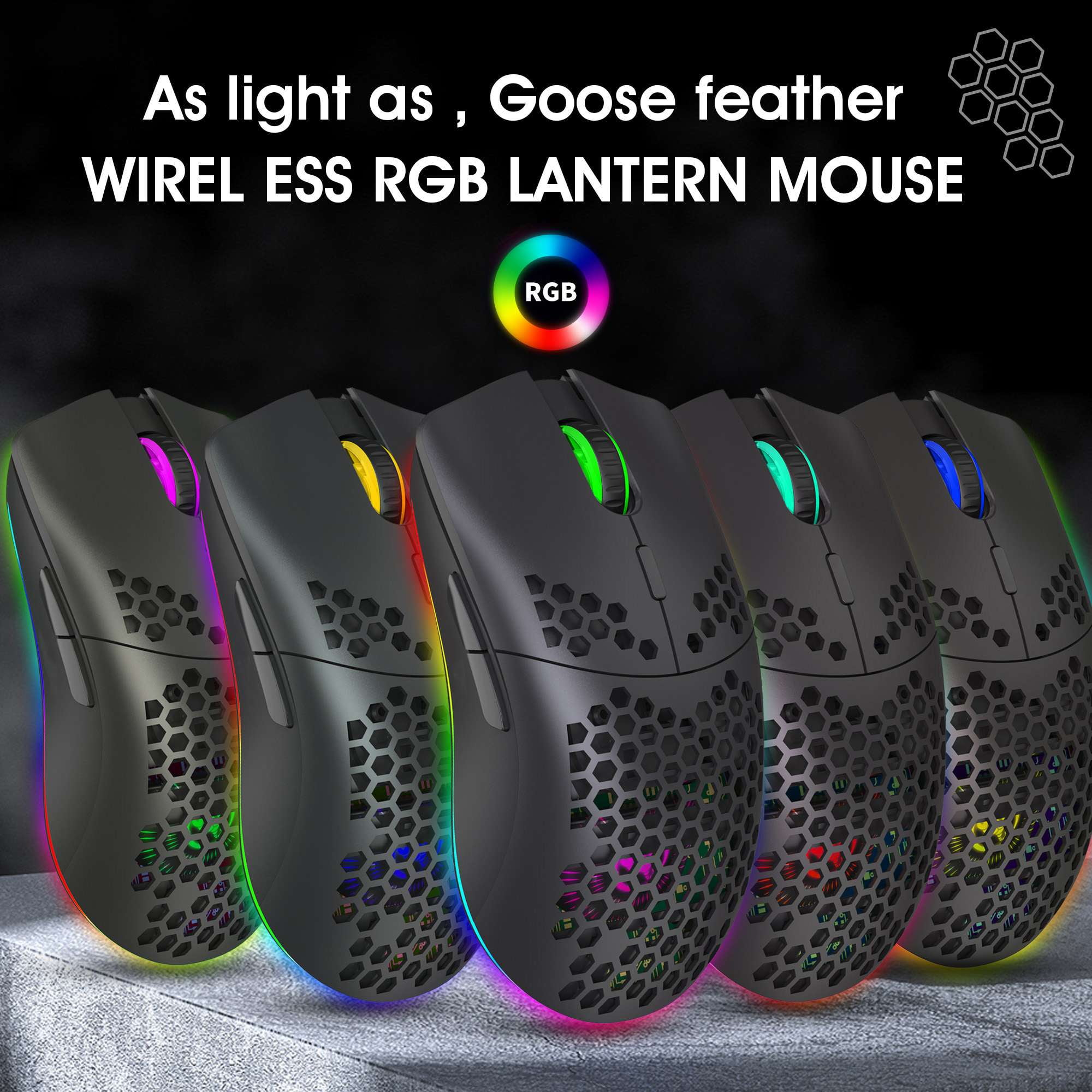 Fünf schwarze Gaming-Mäuse mit farbenfroher RGB-Beleuchtung. Der Text oben lautet 'Wireless RGB Lantern Mouse'.