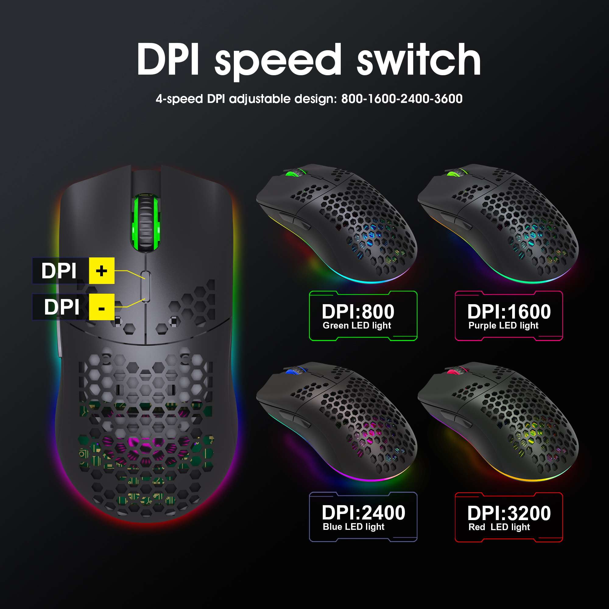 Gaming-Maus mit verschiedenen LED-Leuchten und DPI-Einstellungen.