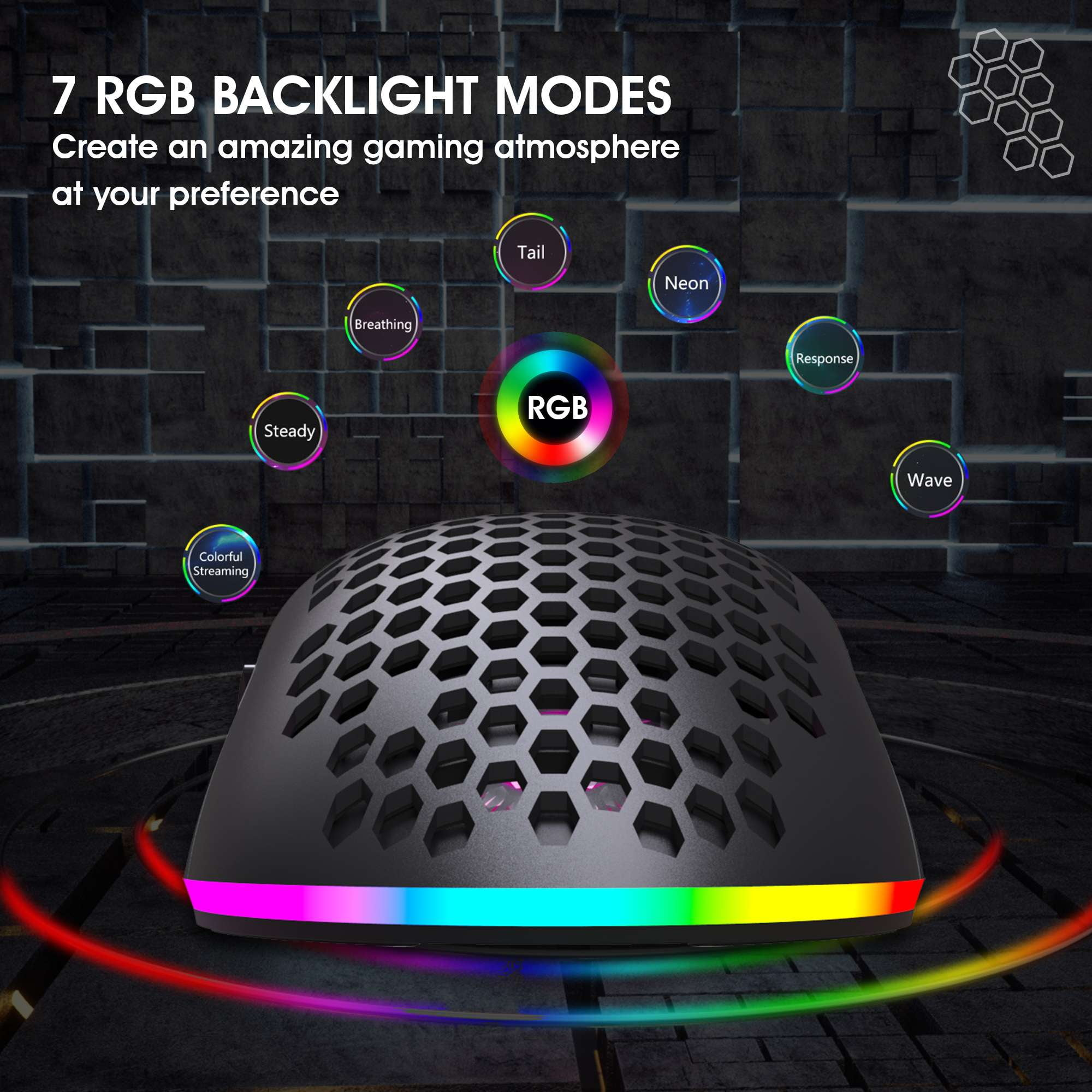 Schwarze Gaming-Maus mit Wabenmuster und RGB-Lichtleiste, auf dunkler Oberfläche.