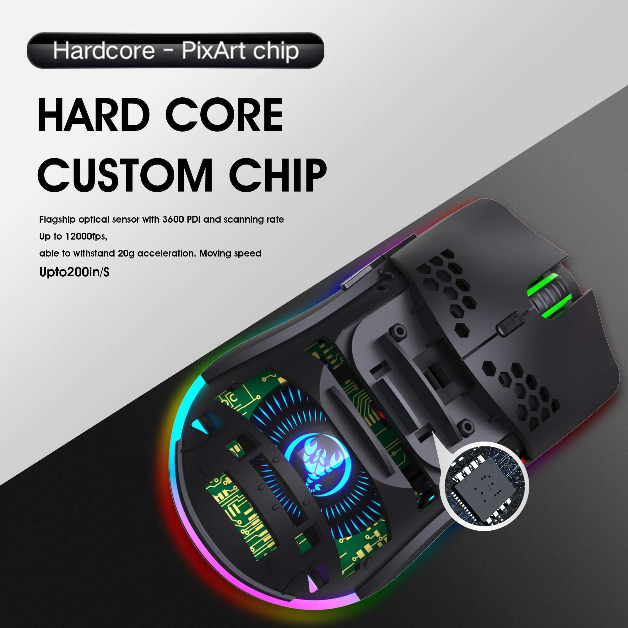 Schwarze Gaming-Maus mit RGB-Beleuchtung und Custom-Chip. Innendetails sichtbar.