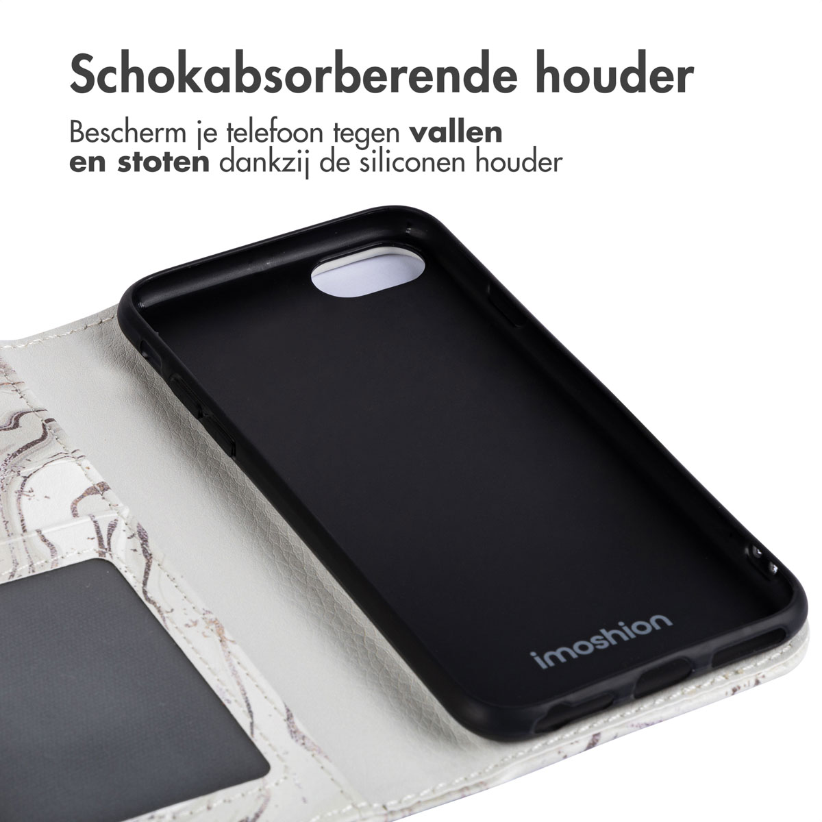 Een zwarte telefoonhoes in een witte telefoonhoes met marmerpatroon, met tekstoverlay.