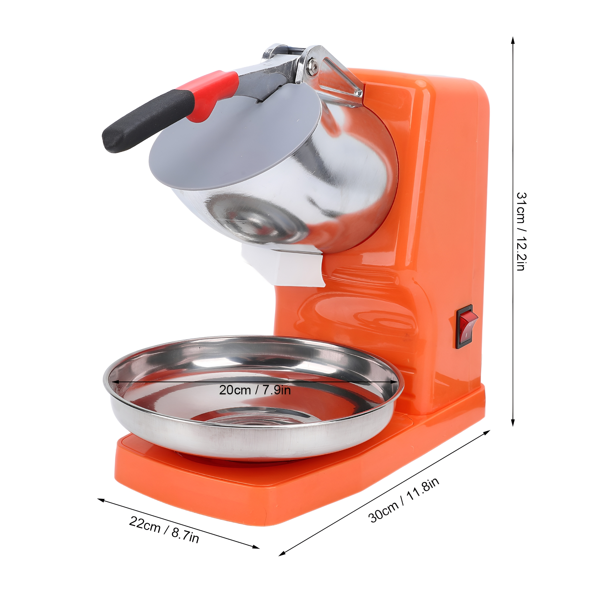 Orangene Eisschabemaschine. Sie hat eine Edelstahlschüssel und einen schwarzen Griff. Abmessungen werden angezeigt.