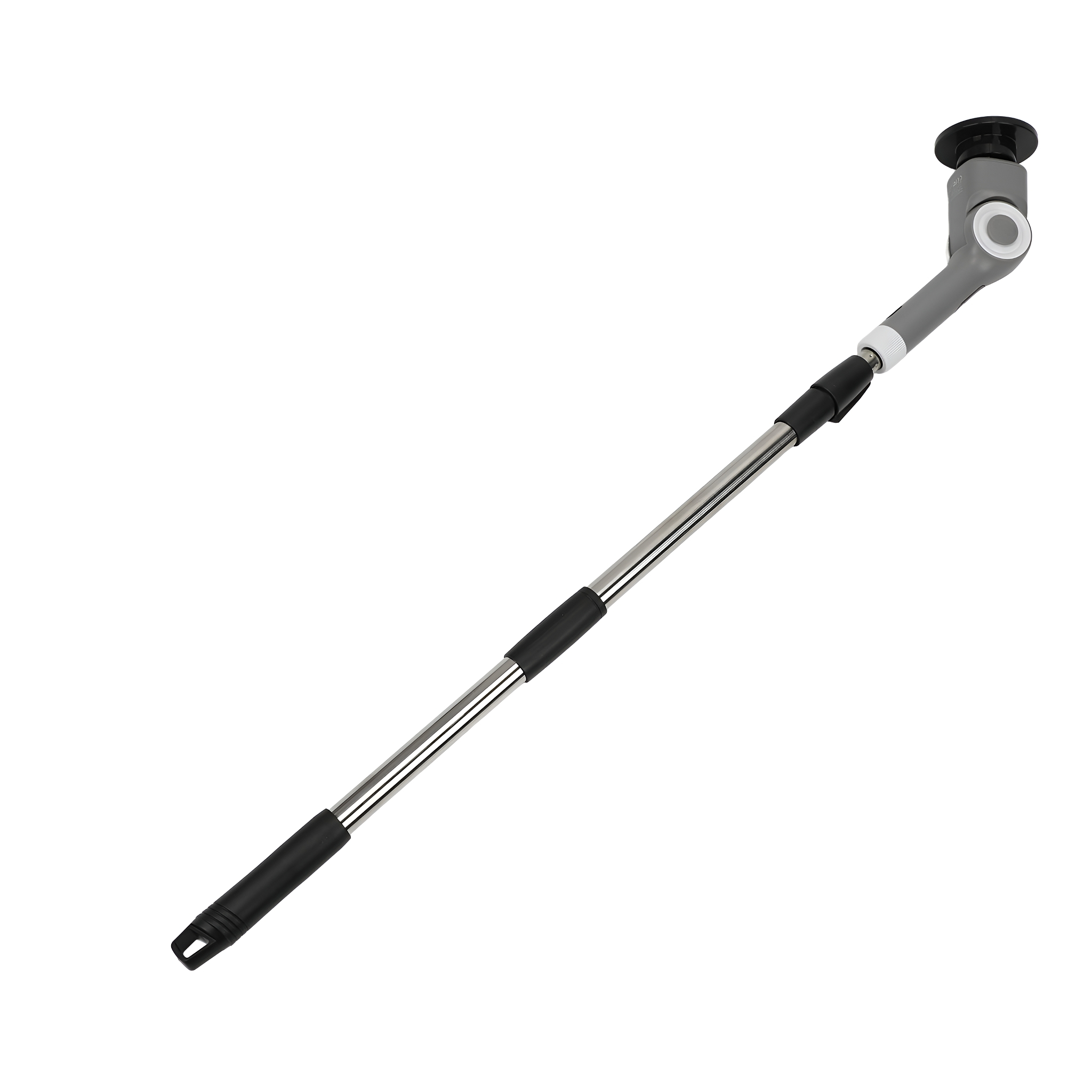 Grauer und silberner Teleskop-Abflussreiniger. Er ist oben abgewinkelt.