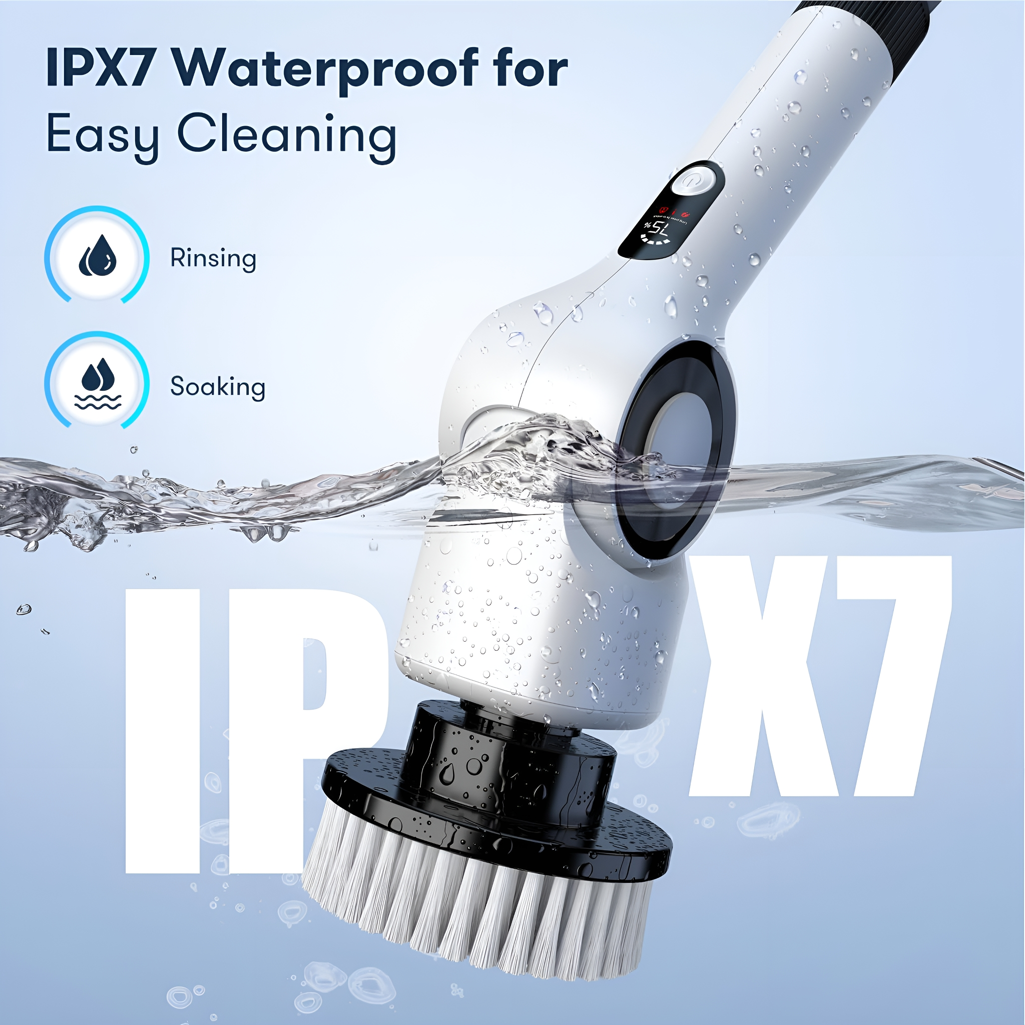 Eine weiße und schwarze Reinigungsbürste im Wasser. Text erwähnt IPX7 wasserdicht für einfache Reinigung.