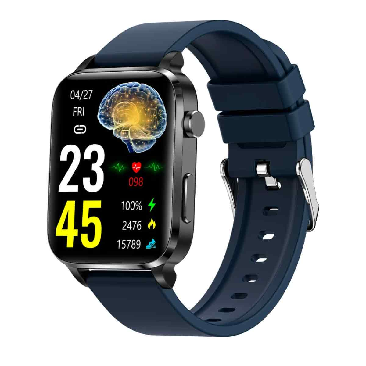Smartwatch mit Anzeige von Zeit und Gesundheitsdaten, mit blauem Armband.