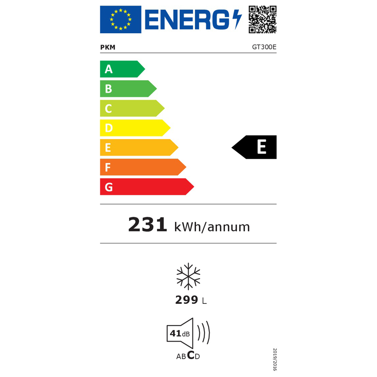 Energieeffizienzlabel. Es zeigt die Energieklasse E und Angaben zum Energieverbrauch.