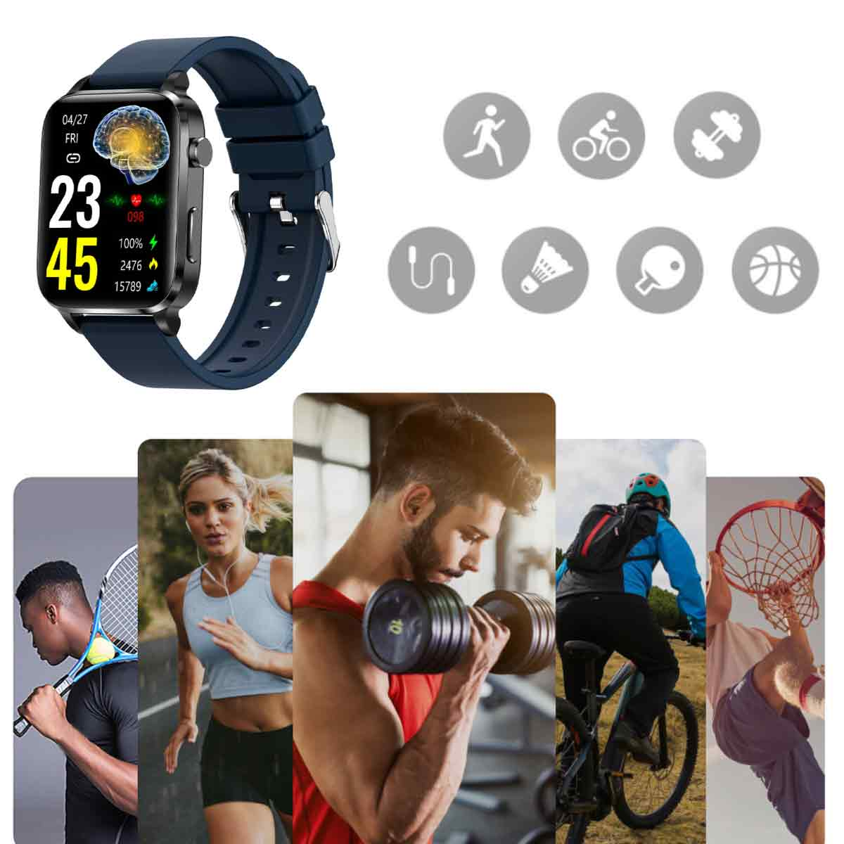 Smartwatch mit Anzeige von Zeit und Daten. Symbole von Sportaktivitäten und Sport treibende Menschen.
