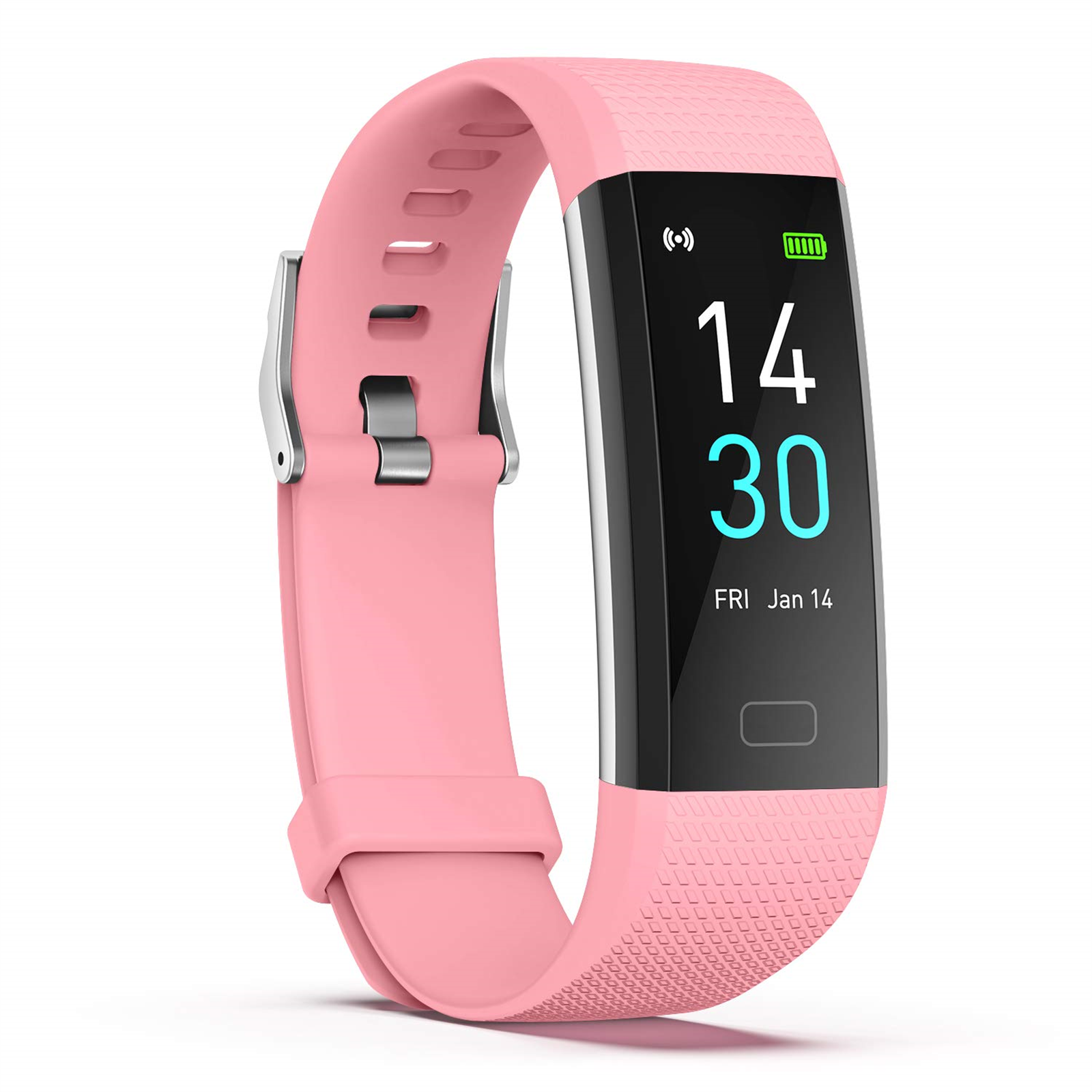 Ein rosa Fitness-Tracker mit einem schwarzen Bildschirm, der Zeit und Datum anzeigt. Es ist auf weißem Grund.