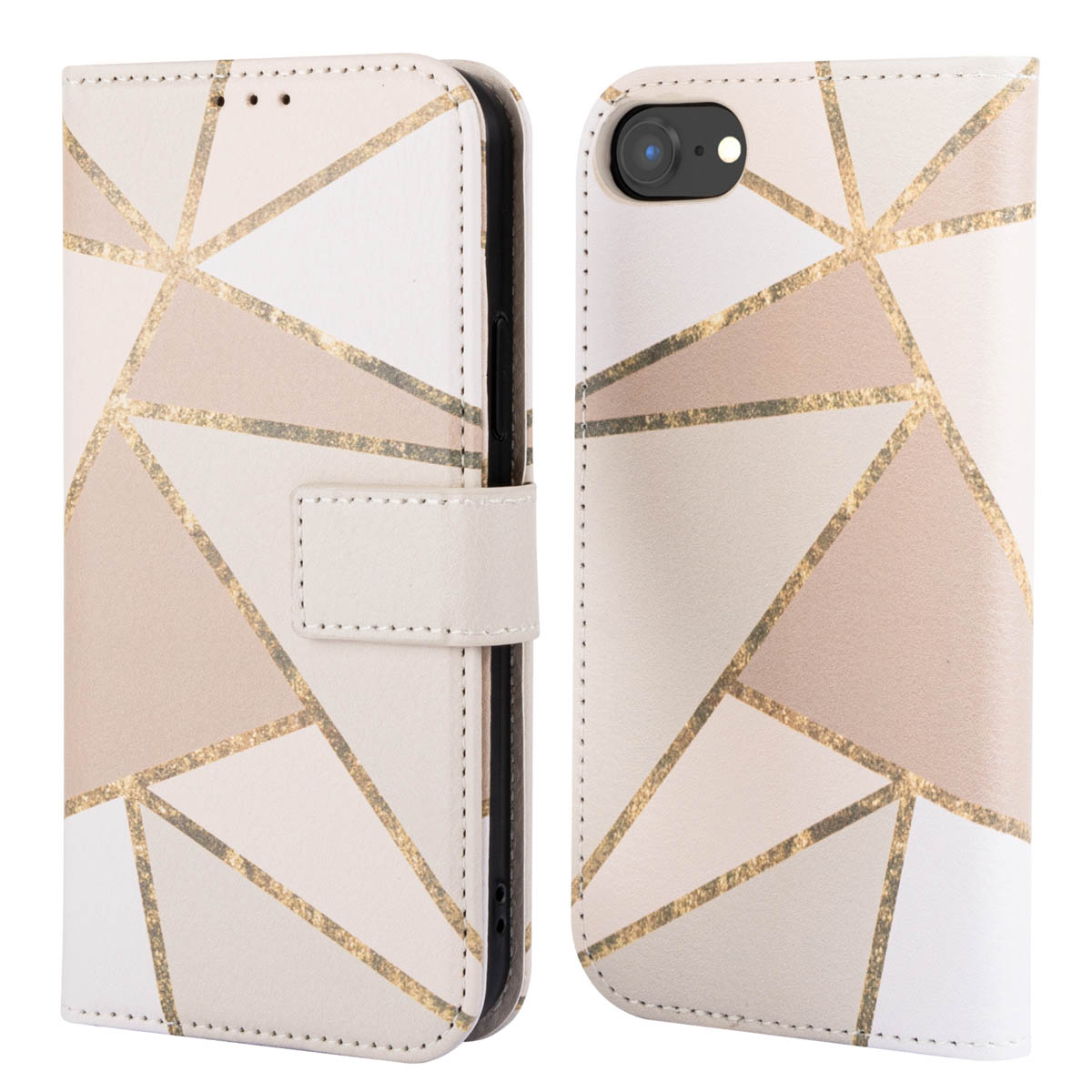 Smartphonehoesje met een geometrisch patroon van beige, witte en gouden vormen.