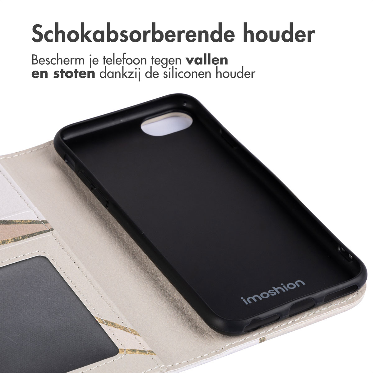Zwarte telefoonhoes op een wit oppervlak. Met Imoshion-logo.