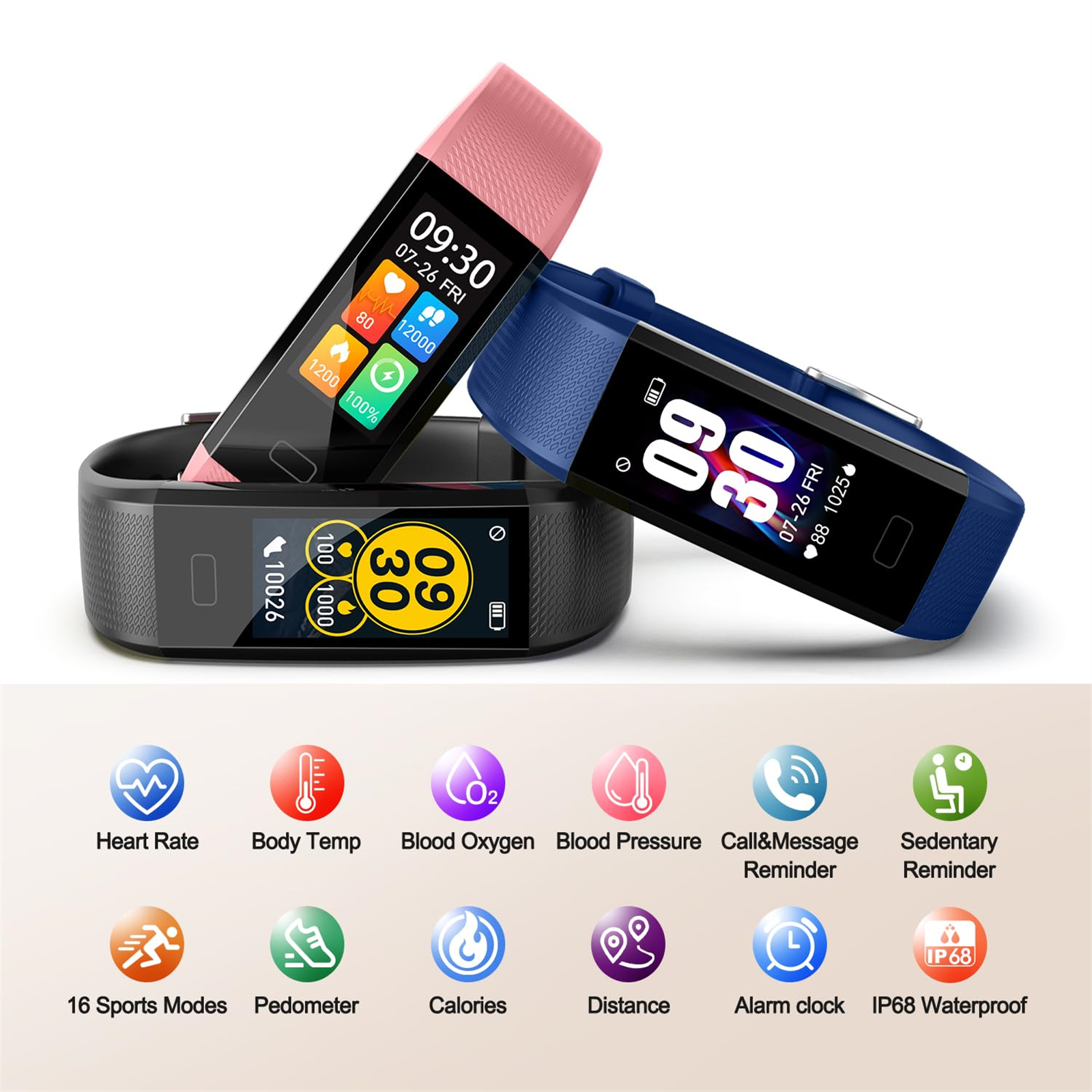 Zwei Smartwatches und Symbole für Gesundheitsmetriken. Die Uhren sind rosa und blau mit Digitalanzeigen.