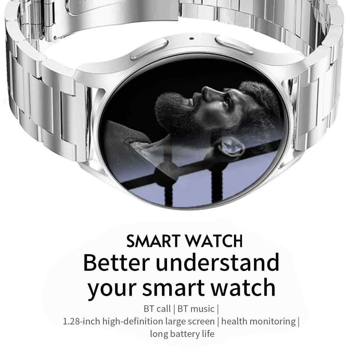 Silberne Smartwatch mit schwarzem Bildschirm, der ein Männergesicht zeigt. Text: SMART WATCH, Verstehe deine Smartwatch besser.