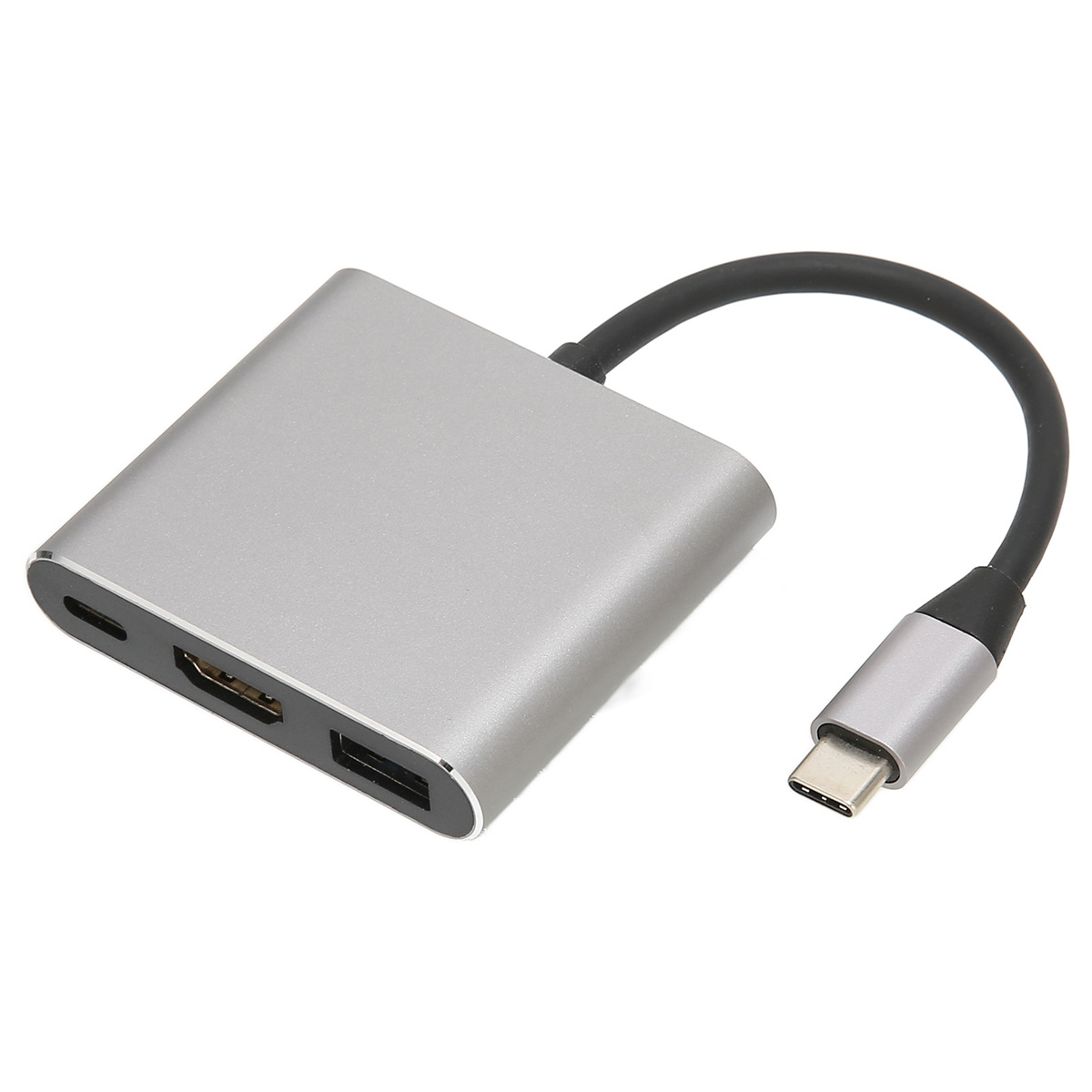 Ein silberner Adapter mit einem schwarzen Kabel.