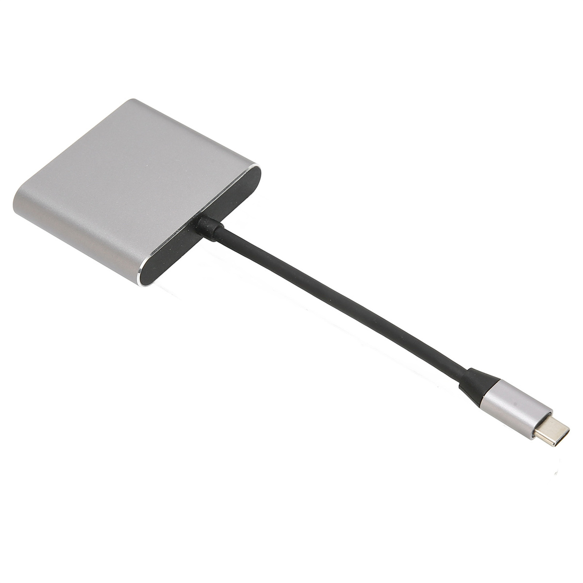 Silberner USB-C-Adapter mit schwarzem Kabel. Er hat eine quadratische Oberseite und einen USB-C-Anschluss.