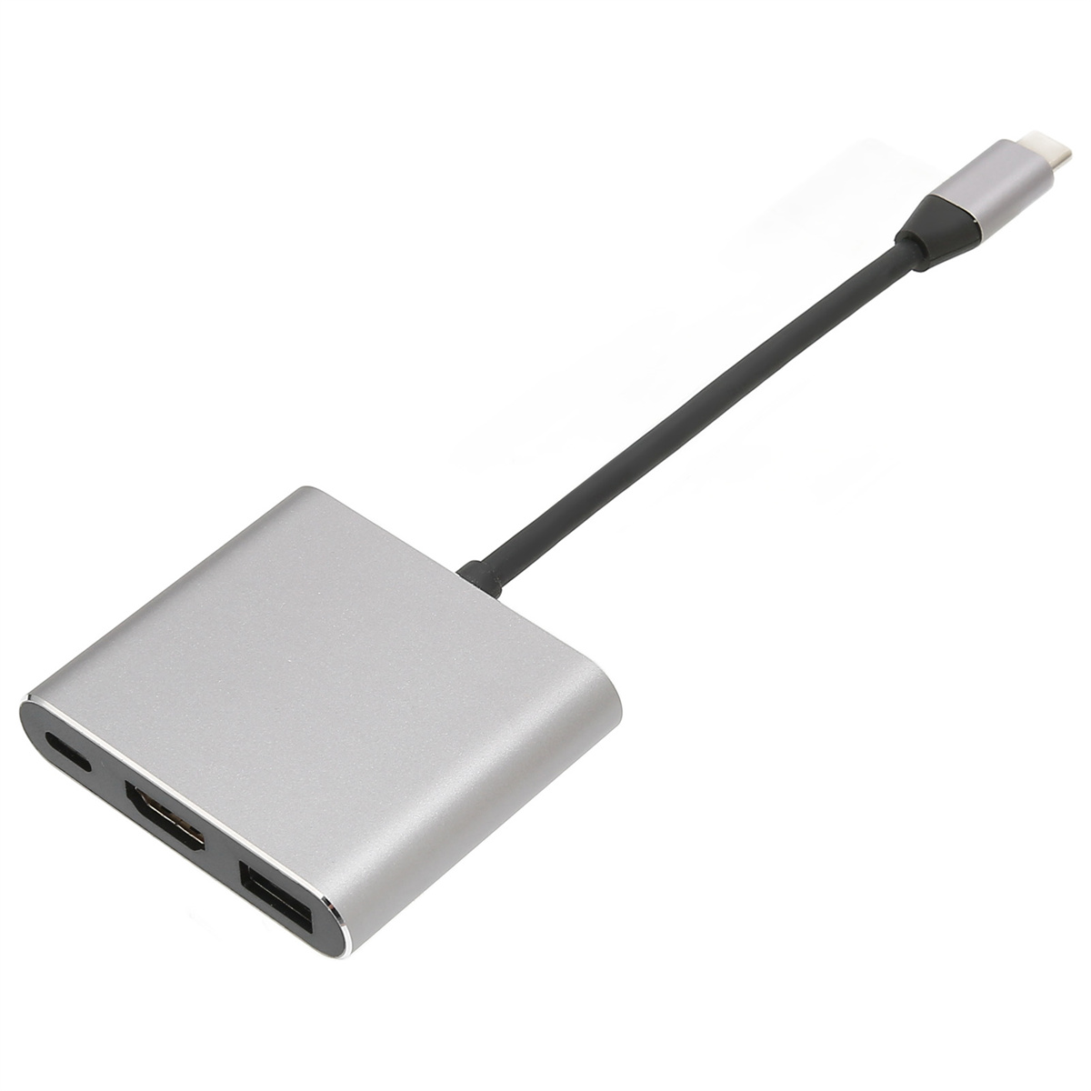 Ein silberner USB-C-Adapter mit HDMI- und USB-Anschlüssen und einem schwarzen Kabel.