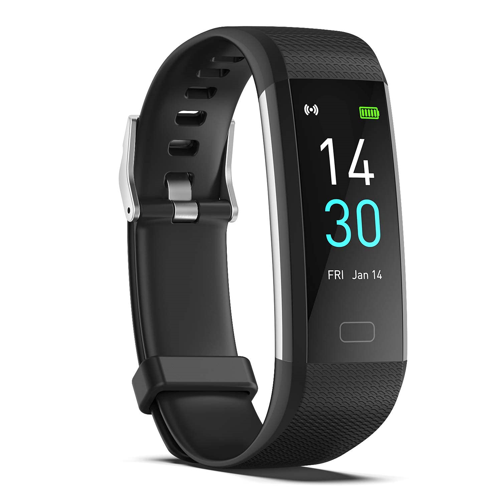 Schwarzer Fitnesstracker mit Bildschirm, der Zeit und Datum anzeigt. Er hat ein schwarzes Armband.