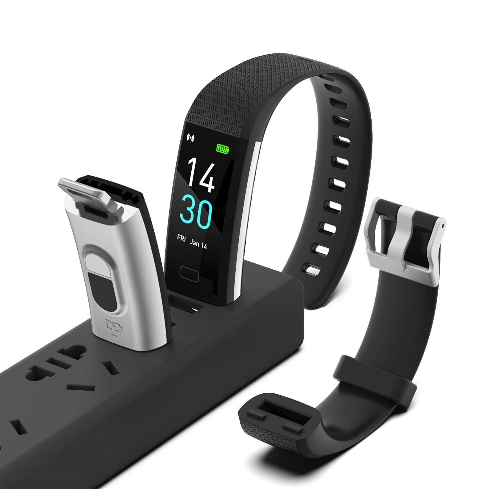 Schwarze Smartwatch und Ladestation. Zeigt die Uhrzeit. Ein Armband ist abgenommen.